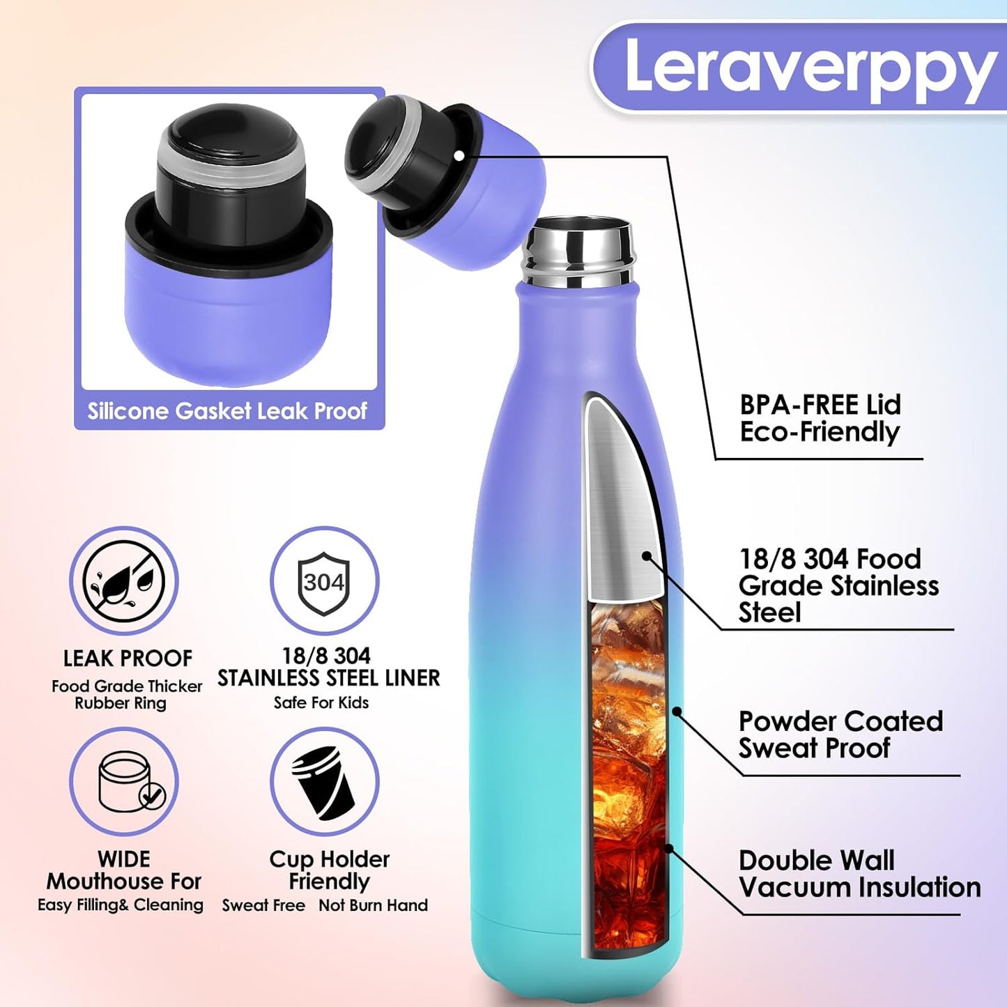 17oz Cola-Bottle Shaped Stainless Steel Leak-proof Water Bottle,Double Wall Vacuum Insulated Metal,Travel Mug For Sports Indoors & Outdoors,BPA-Free Kids Flasks,Purple Blue(4Pack)