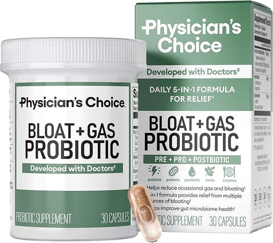 Physician's CHOICE Bloat & Gas Probiotic 5-in-1 Proactive Support + Daily Relief - Digestion & Gut Health- Herbals, Digestive Enzymes, Post & Prebiotics - Gas Relief for Adults - Women & Men - 30ct