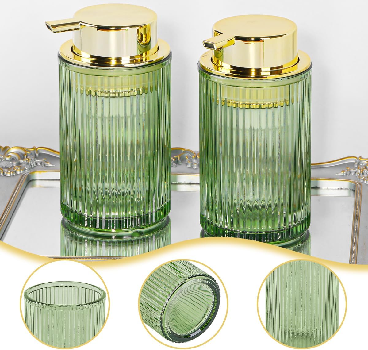 Green Foaming Soap Dispenser, 12 Oz Glass Foaming Hand Soap Dispenser with Gold Pump, Bathroom Refillable Liquid Lotion Container Pump Ribbed Bottle for Kitchen Bathroom Decor, 2pc