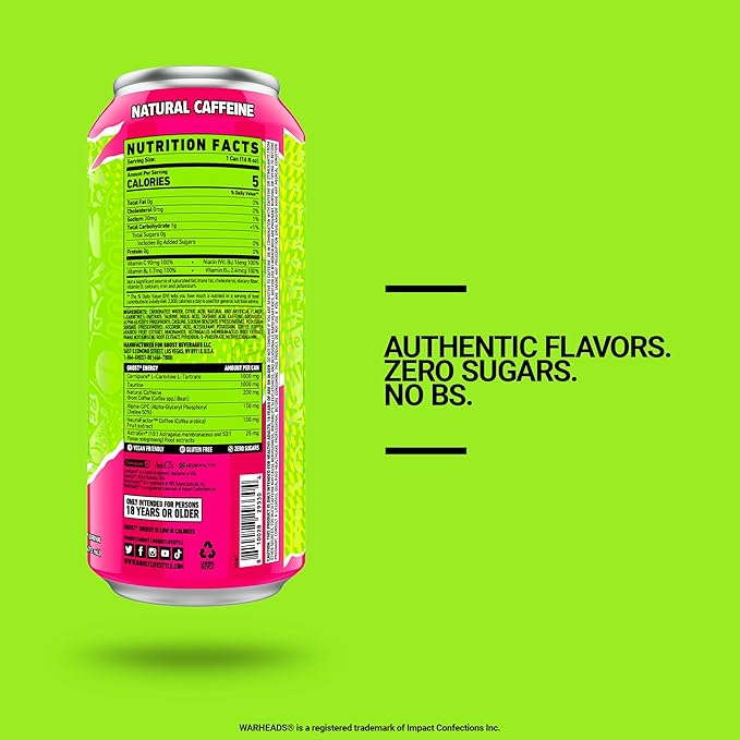 GHOST Energy Drink - 12-Pack, Warheads Sour Watermelon, 16oz - Energy & Focus & No Artificial Colors - 200mg of Natural Caffeine, L-Carnitine & Taurine - Gluten-Free & Vegan