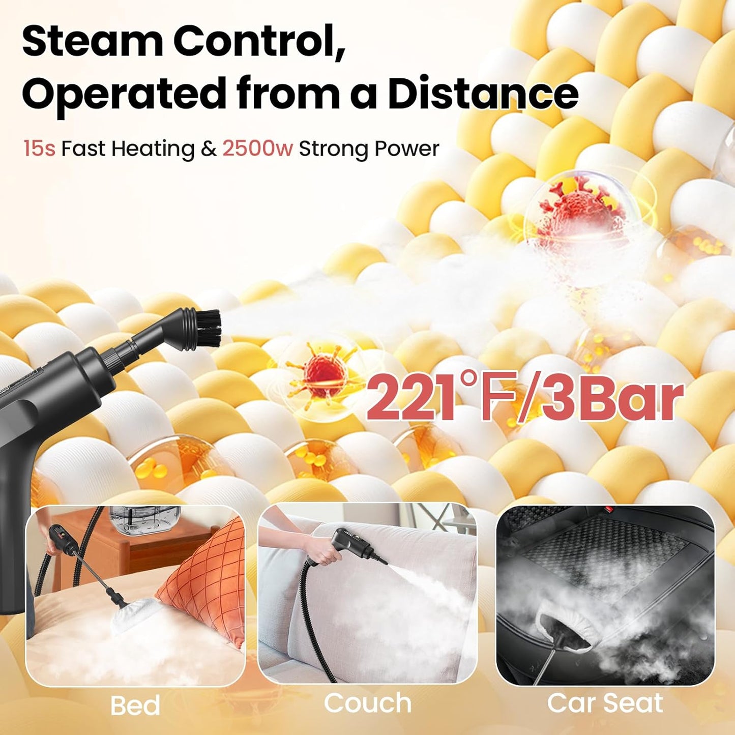 Handheld Steam Cleaner for Home, 2500W High Pressure Steam Cleaner for Car Detailing, 3 Steam Levels, 1600Ml Tank, High Heat Steamer for Bed Bugs, Couch, Furniture, Kitchen, Bathroom, Floors