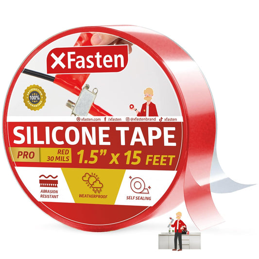 XFasten Self-fusing Silicone Tape Pro, Red, 1.5-Inch x 15-Feet, 30mils Extreme Stretch and Seal Plumbing Tape for Leaky Pipes, Tool Grip, Electrical Wires, PVC Pipe Leak Repair, Non-Reactive