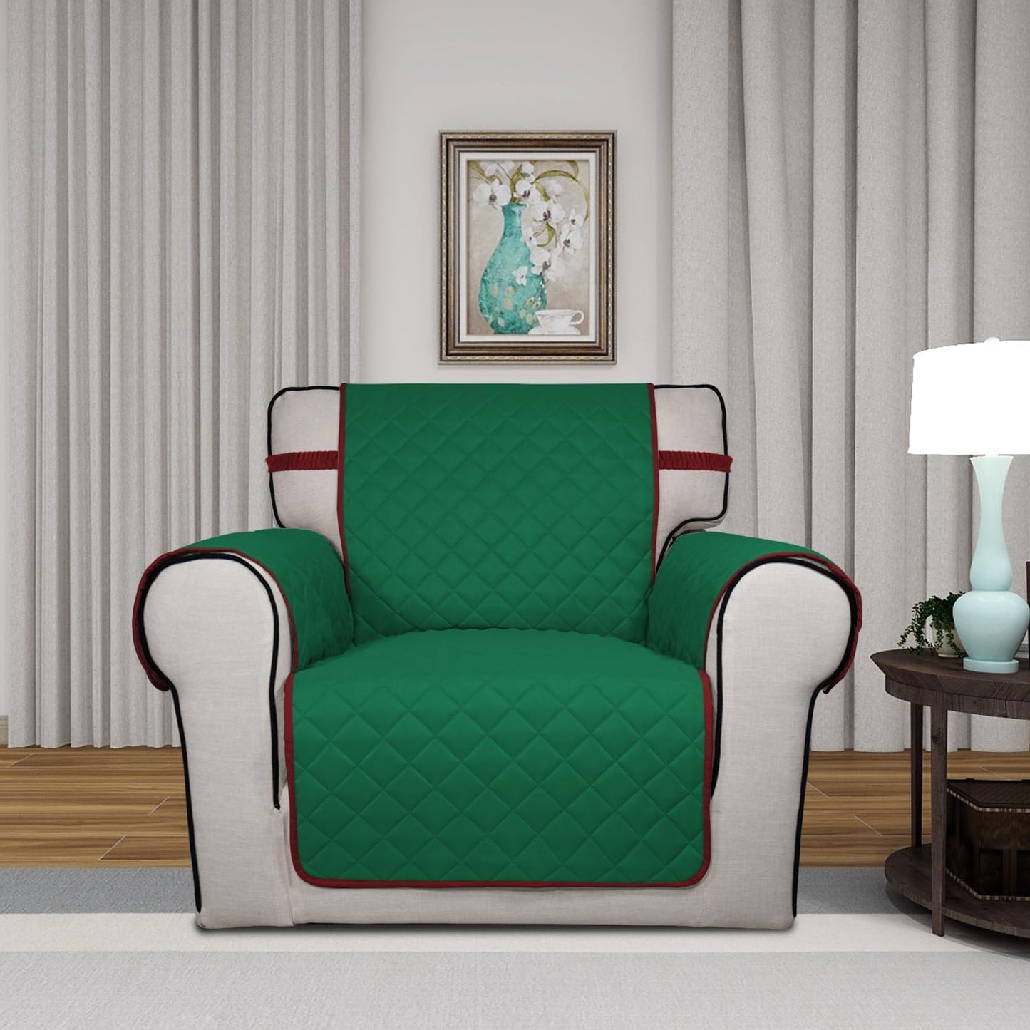 PureFit Reversible Quilted Sofa Cover, Water Resistant Slipcover Furniture Protector, Washable Couch Cover with Non Slip and Elastic Straps for Kids, Dogs, Pets (Chair, Green/Red)