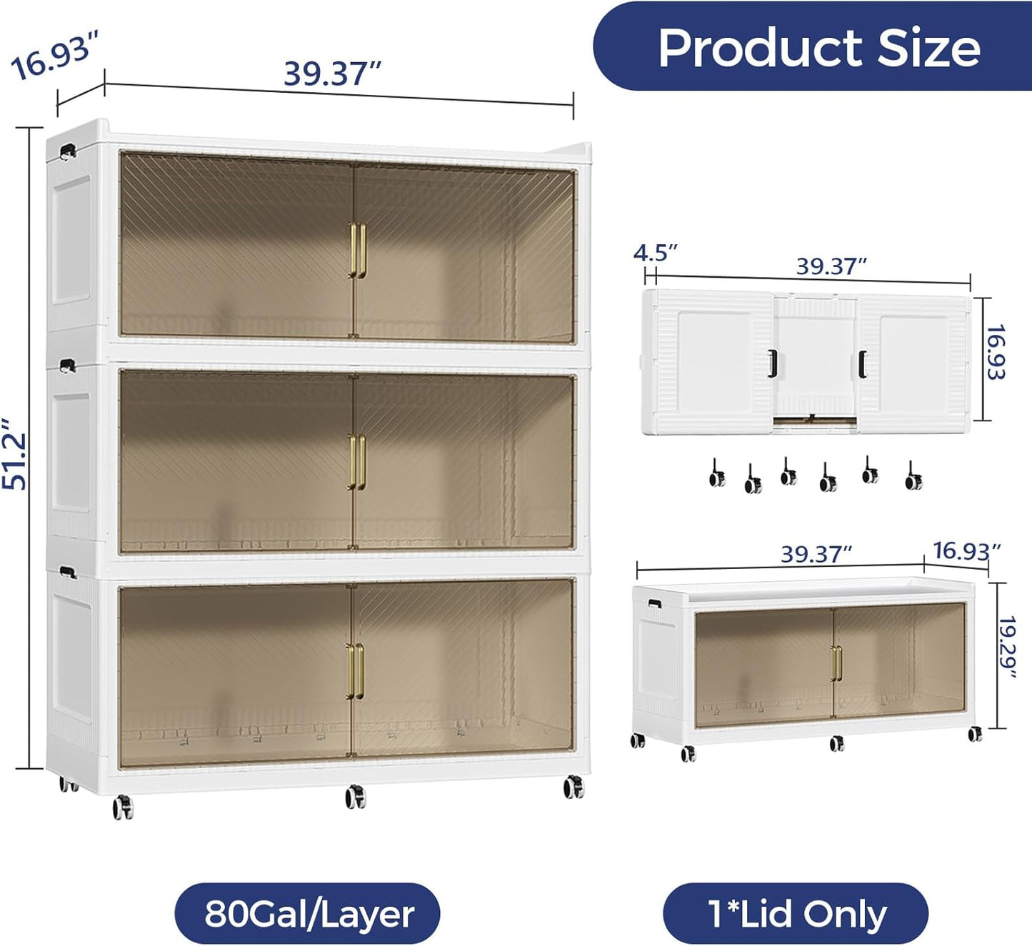 240 Gallon Extra Large Collapsible Storage Bin with Lid, 960QT Stackable Plastic Organizer with 6x Wheels, Foldable Drawer Cabinet for Closet, Living Room Office Dorm 3Pack, White