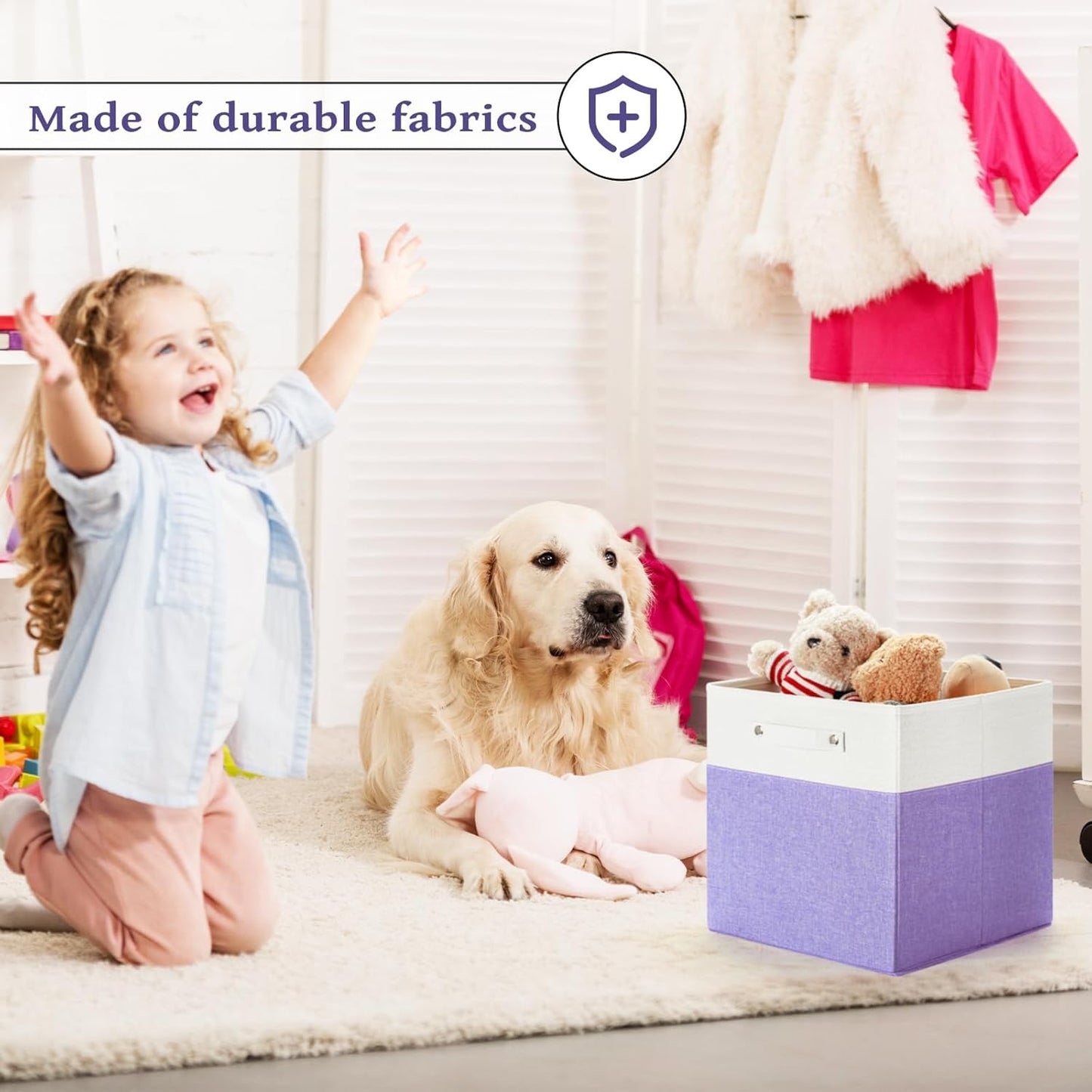 13 x 13 Inch Fine Linen Storage Bins with Handles，Fabric Cube Boxs，Collapsible Basket Organizers for Shelves for Home, Closet Drawers (White/Purple-6 Pack)