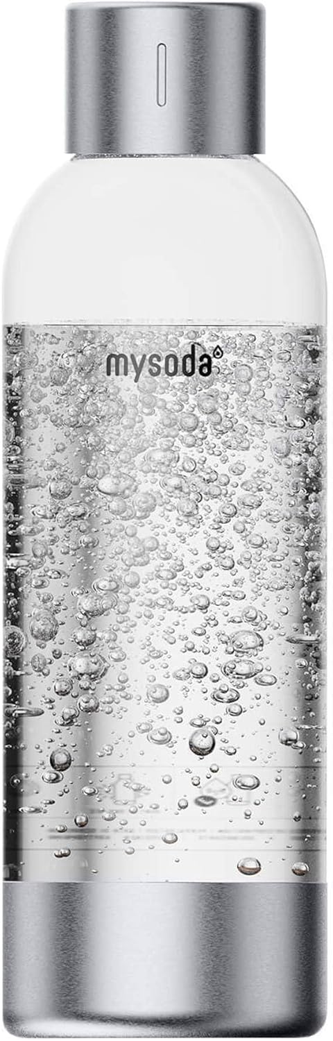 Mysoda Premium Carbonating Bottle 1L Silver - Compatible with MySoda and any brands - Quick-Lock Reusable Bottles - Lid and Base Made of Stainless Steel - BPA Free