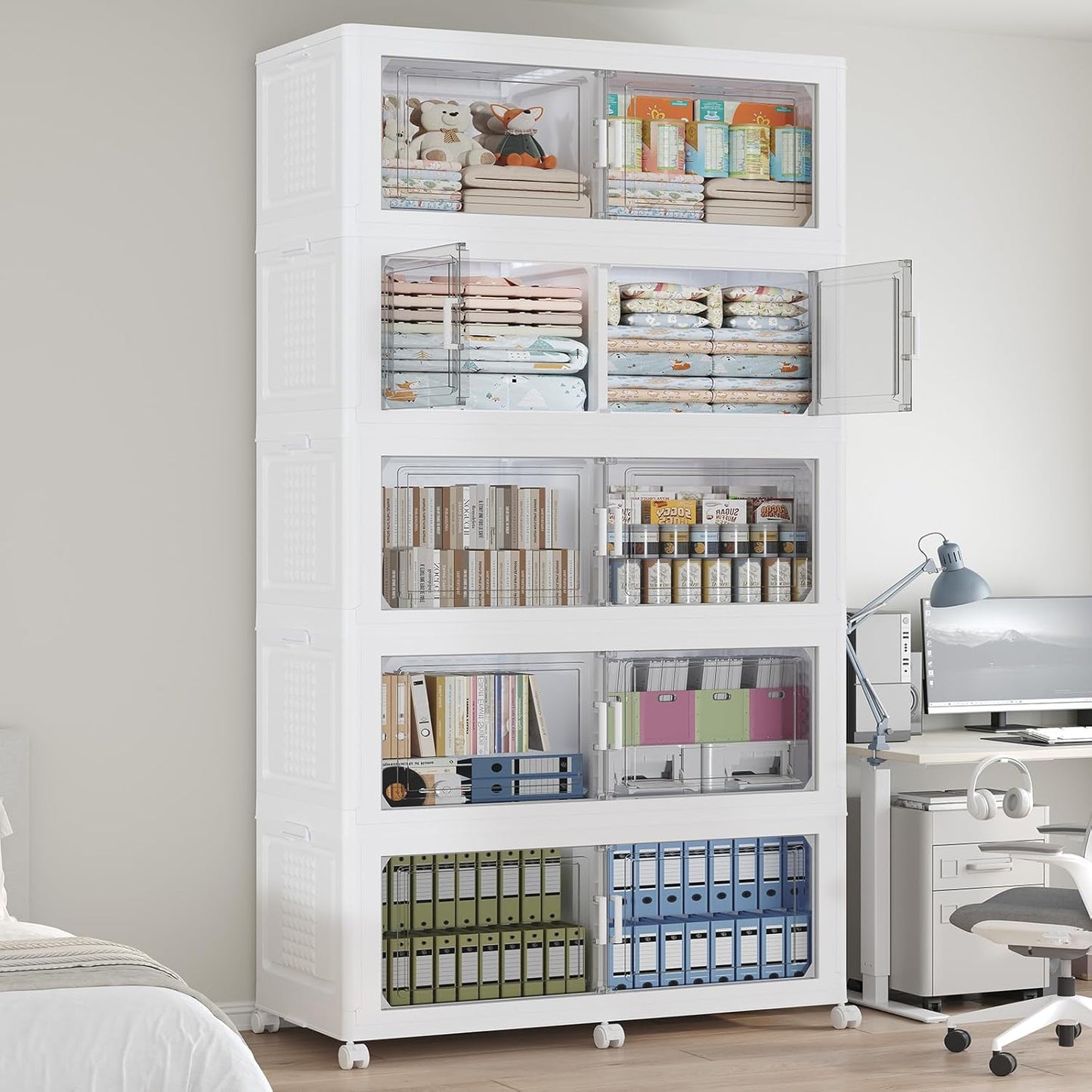 200GAL Storage Bins with Lid and Wheels, Stackable Closet Organizers and Storage Drawer, Collapsible Storage Box with Dividers, Foldable Plastic Cabinets Cubes Totes for Garage, 5 Pack White