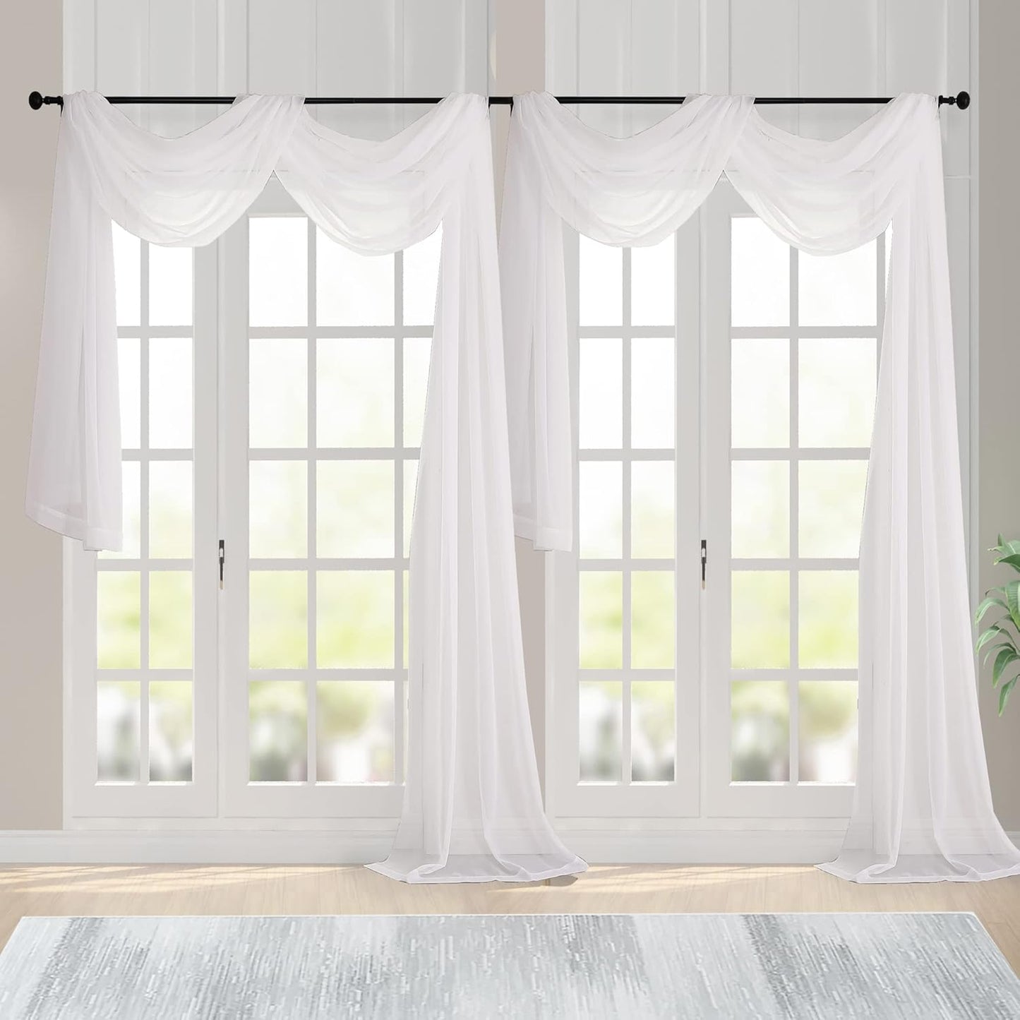 Chyhomenyc Ivory Sheer Scarf Valances for Windows 216 Inch Extra Long, Window Scarf Drapes Rod Pocket Backdrop for Wedding Arch Draping/Party/Canopy Bed/Living Room, 2PC, 18 Feet Length