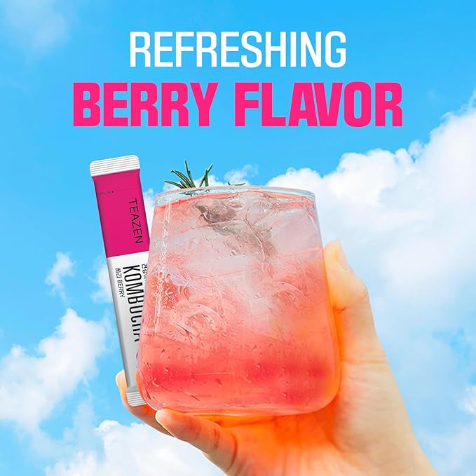 TEAZEN Berry Kombucha Tea, Hydration Drink Mix, Sugar Free, Live Probiotics & Prebiotics, 10 Sticks, 1.76oz