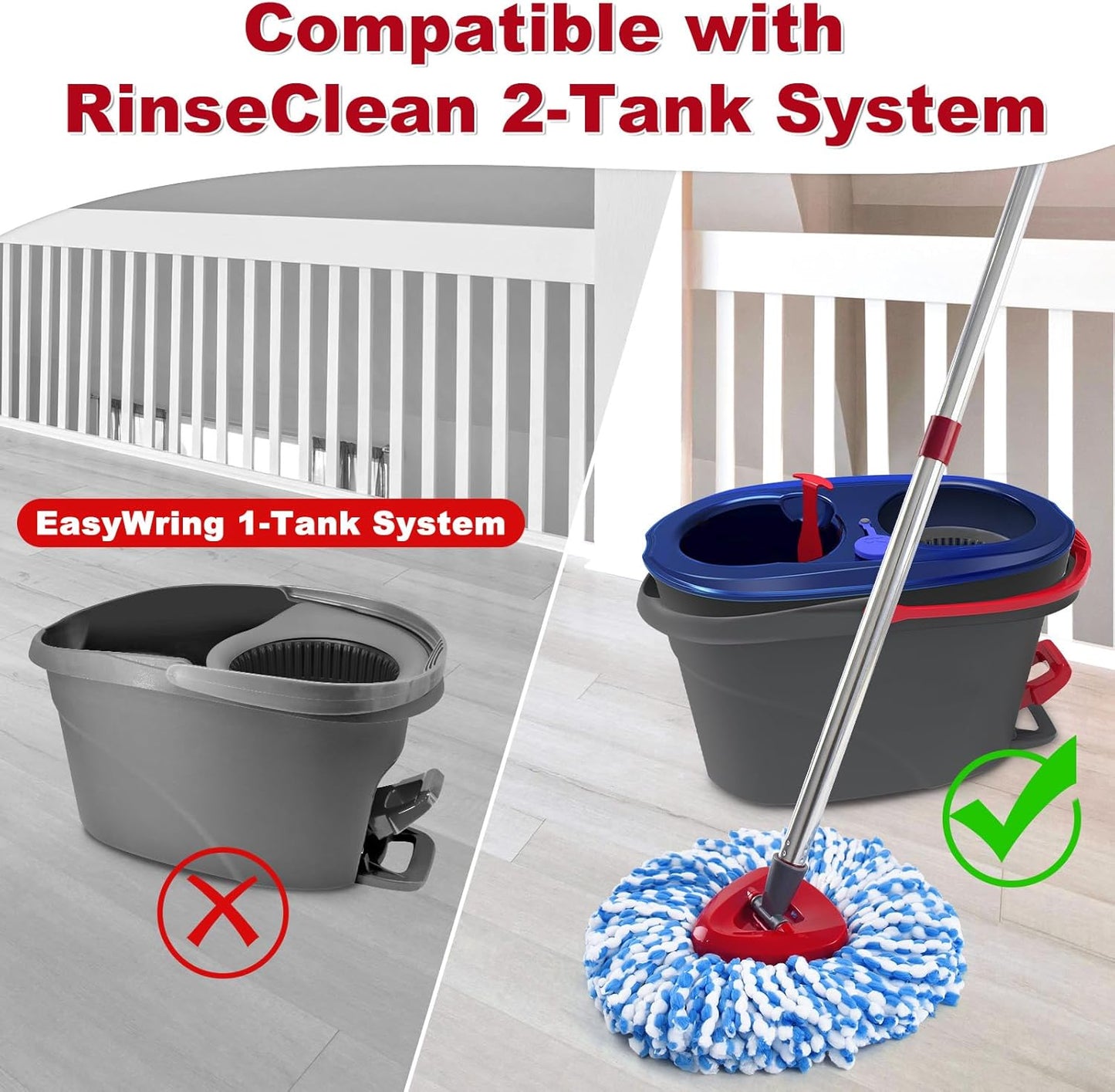 Spin Mop Handle,Mop Heads Replacements,Scrubber Mop Head and Mop Base Combo Set Compatible with Ocedar RinseClean 2-Tank Spin Mop,Mop Replace Head and Scrub Brush Set for Multi-Surface Hard Floor