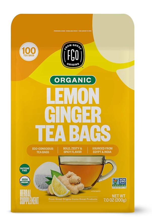 FGO Organic Lemon Ginger Tea, 100 Count, Eco-Conscious Tea Bags, Resealable Bag, Caffeine Free, Packaging May Vary (Pack of 1)