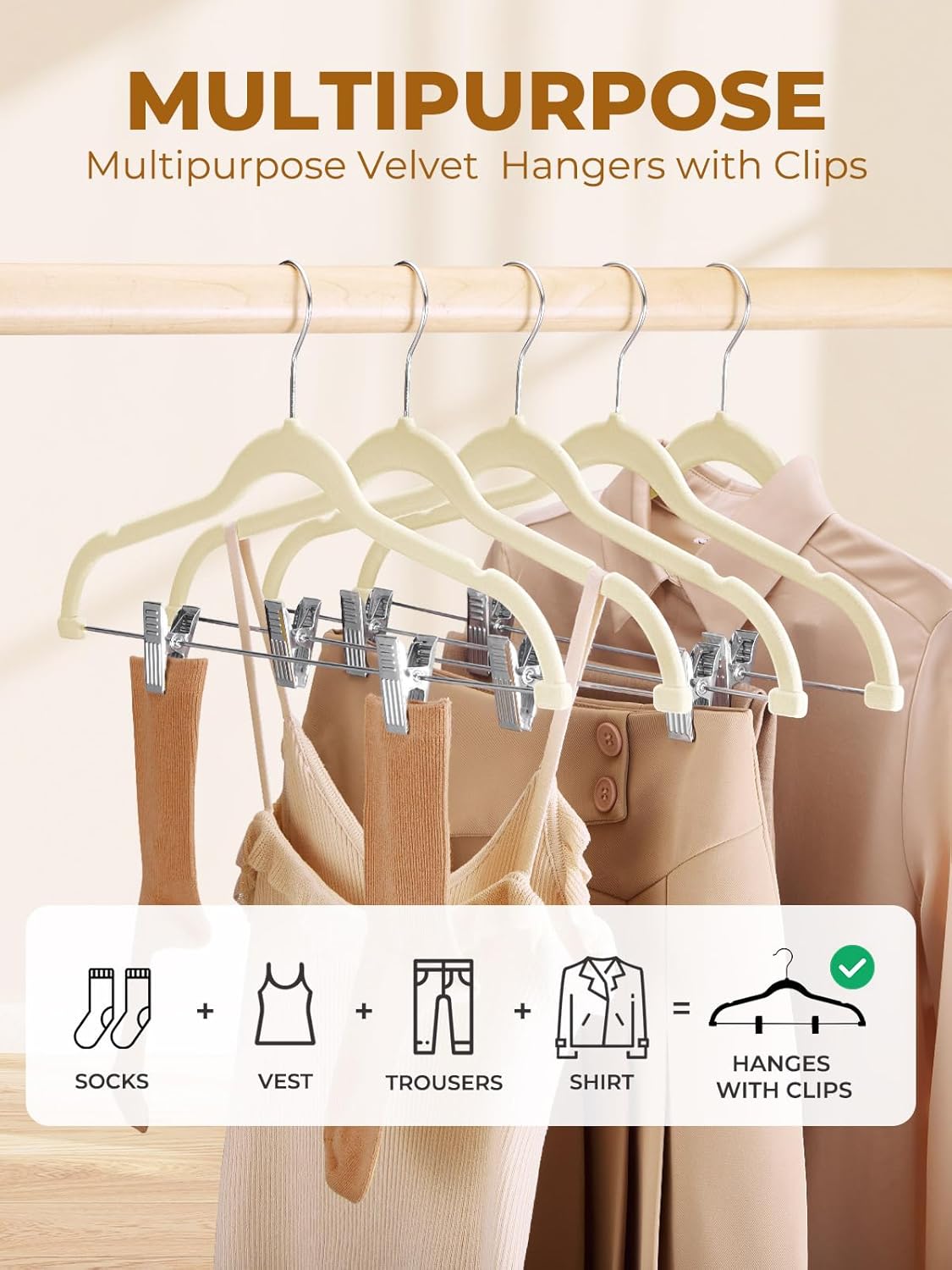 HOUSE DAY Velvet Skirt Hangers 36 Pack, Beige Velvet Pant Hangers with Adjustable Clips, Space Saving Slim Shorts Hanger, Heavy Duty Non Slip Clip Hanger for Pants, Skirts, Shorts
