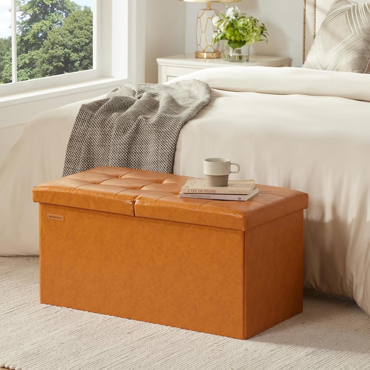 HAUSFRAU - 30 Inches Storage Ottoman Bench with Flipping Lid, Foldable Storage Chest Foot Rest for Living Room, Bedroom, Entryway, Load 660 lb, Synthetic Leather, Cognac Brown