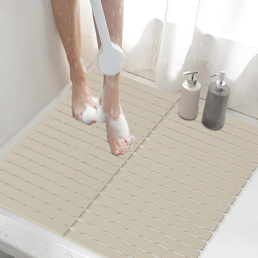 Shower Mat Non-Slip Bath Mat for Tub Floor & Stall with 200+ Suction Cups & Drain Holes, Quick Dry Machine Washable Bathtub Mat, Safe for Elderly& Baby, Bathroom Essentials 24x24 Inch (Light Brown)