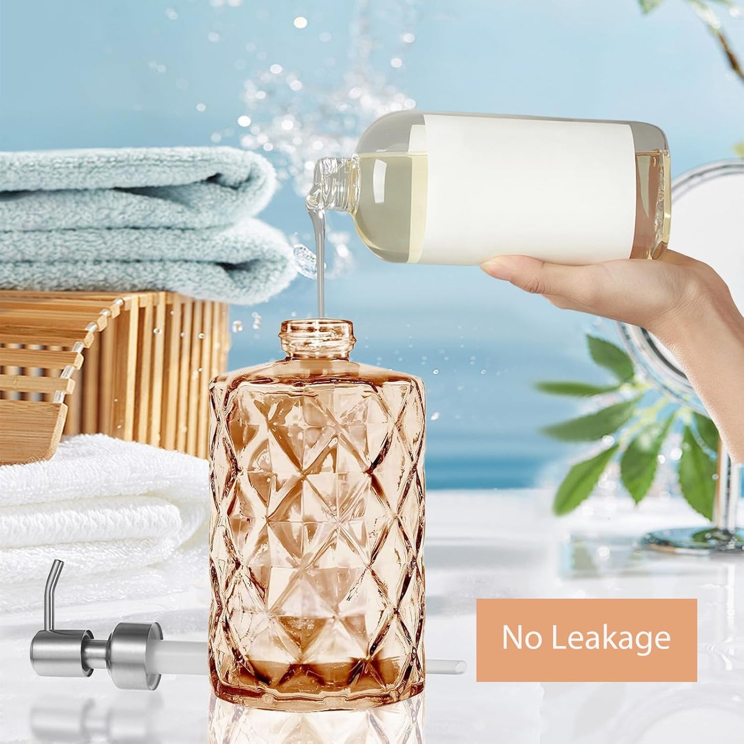 12Oz Amber Glass Soap Dispenser with Stainless Steel Pump, Refillable Kitchen Liquid Hand Soap Dispenser with Diamond Design, for Dispense Hand soap, Dish Soap, Lotion, Bathroom, Countertop, Hotel