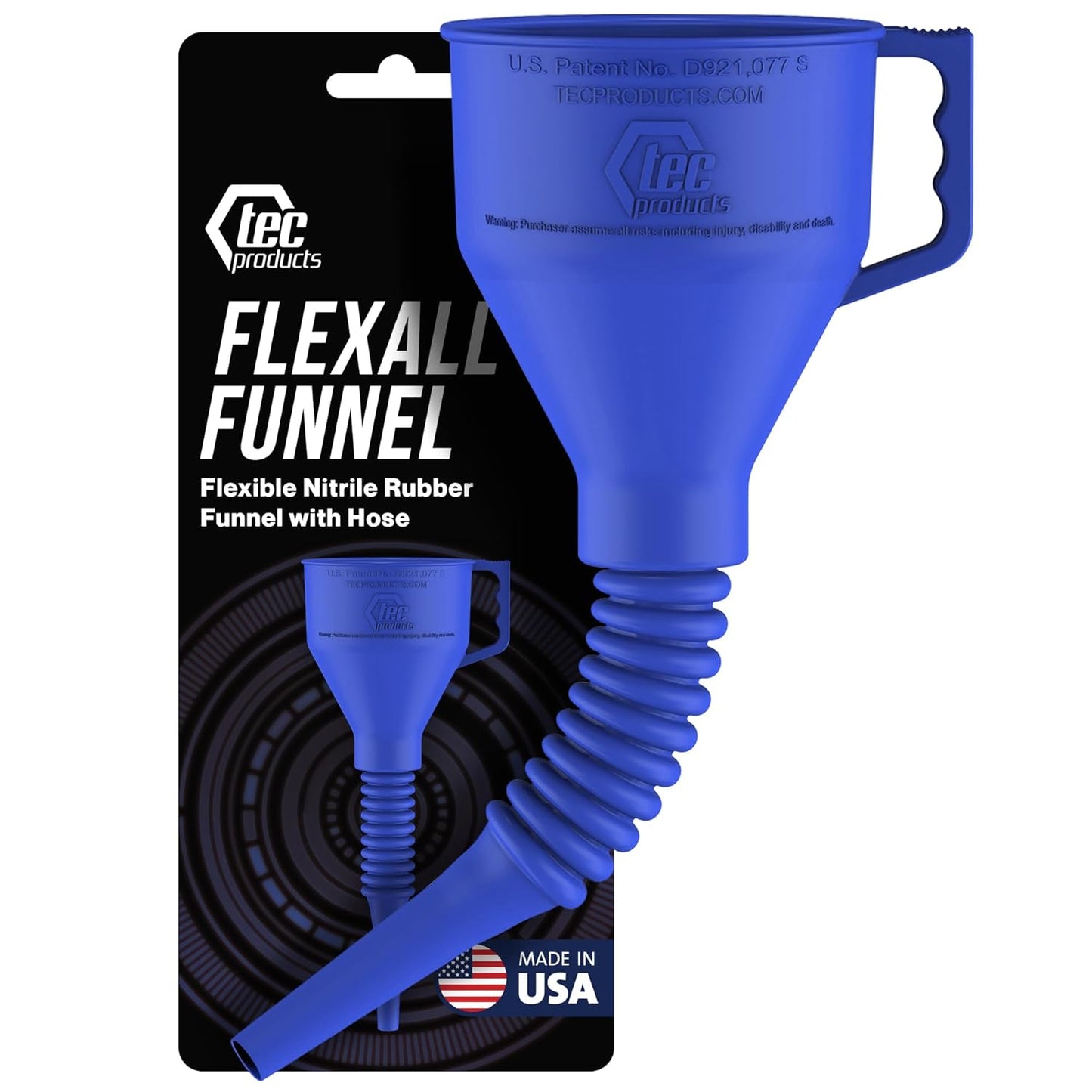 TEC Products FlexAll Long Flexible Funnel for Automotive Use - Durable Nitrile Rubber - Ideal for Car Oil Change, Transmission Funnel Fluid, Diesel, Fuel, Gas - Made in USA - Blue (12 x 4 Inches)