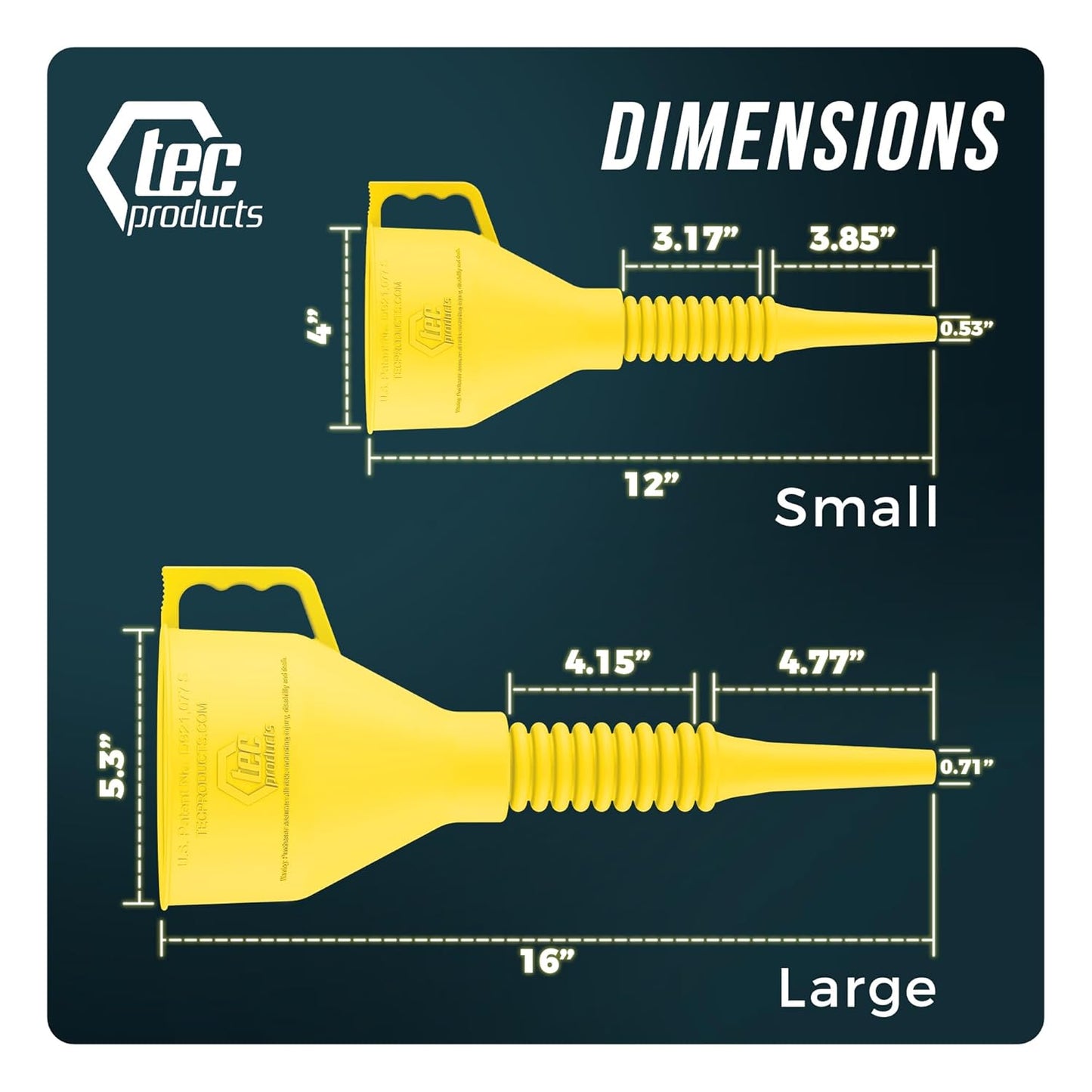 TEC Products FlexAll Long Flexible Funnel for Automotive Use - Durable Nitrile Rubber - Ideal for Car Oil Change, Transmission Funnel Fluid, Diesel, Fuel, Gas - Made in USA - Yellow (12 x 4 Inches)