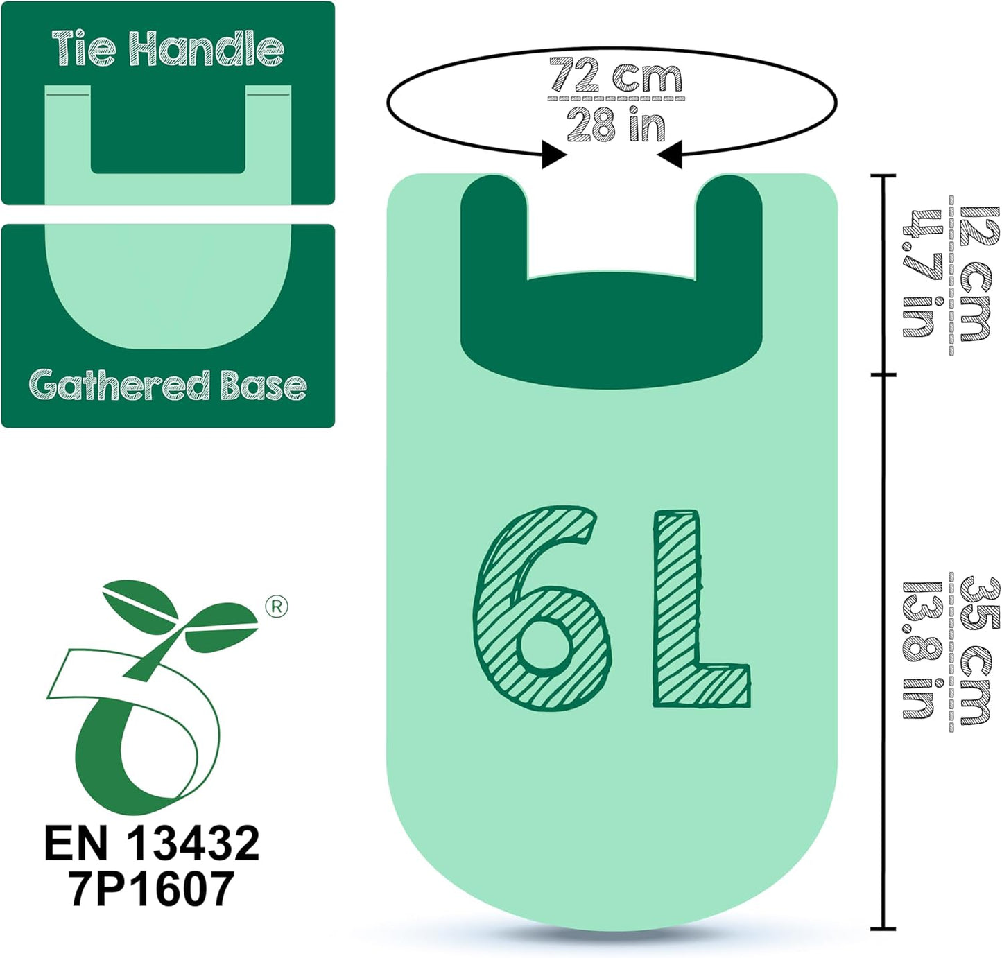 GREENER WALKER 100% Compostable Trash Bags with Tie Handles, 1.6 Gallon-150Bags, Food Scrap Kitchen Waste Bags with EN13432 Certified