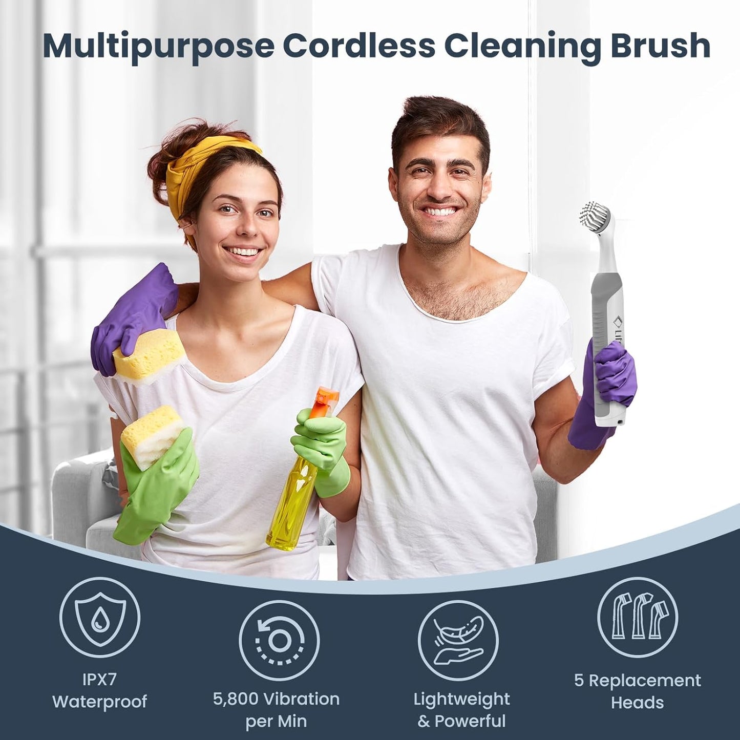 LifeBasis Rechargeable Power Scrubber, Cordless Electric Cleaning Brush, Water Resistant Small Electric Grout Brush with 5 Brushes for Home/Kitchen/Bathroom/Grout/Tile/Shower/Tub, White