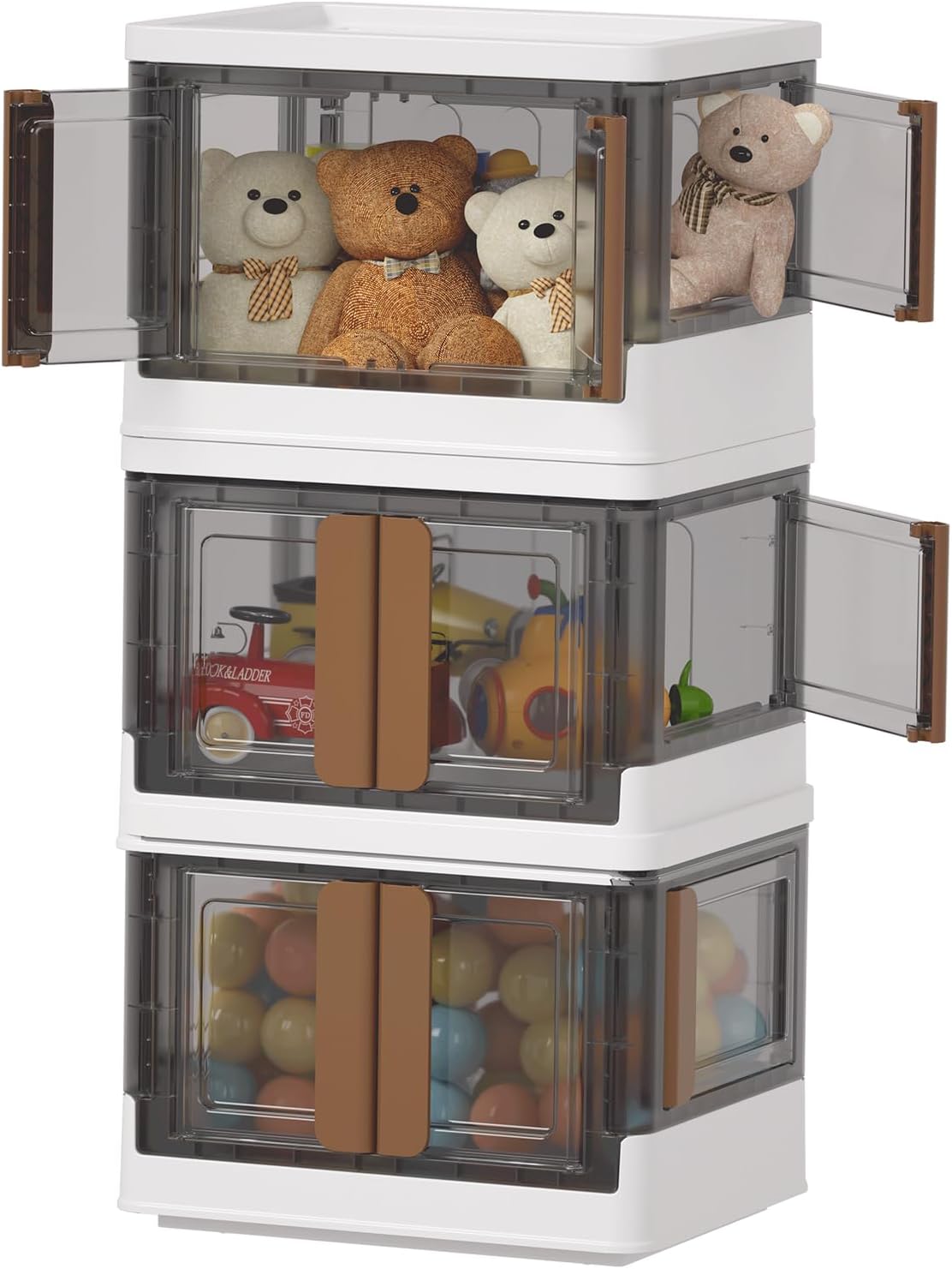 HAIXIN Closet Organizers and Storage, 4 Doors Opening Stackable Storage Box, 6.86 Gal Plastic Dorm Room Essentials, Folding Storage Container with Wheels, Cube Bins for Room Organizer, 3 Pack