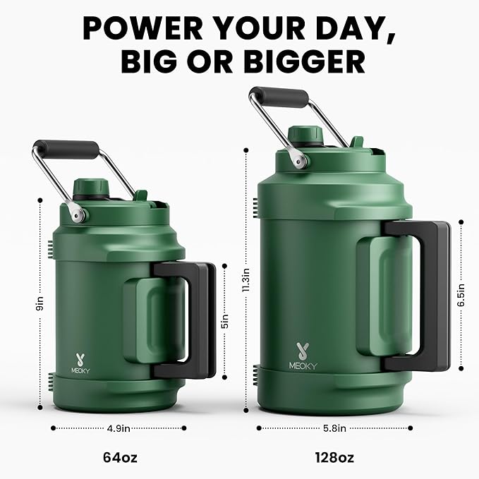 1 Gallon Insulated Water Bottle for Hiking: Meoky 128 oz Triple Wall Vacuum Stainless Steel Metal Water Jug - Top and Side Handles, Cold for 48 Hrs, 2-in-1 Straw and Spout Lid, Leakproof for Gym (Fir)