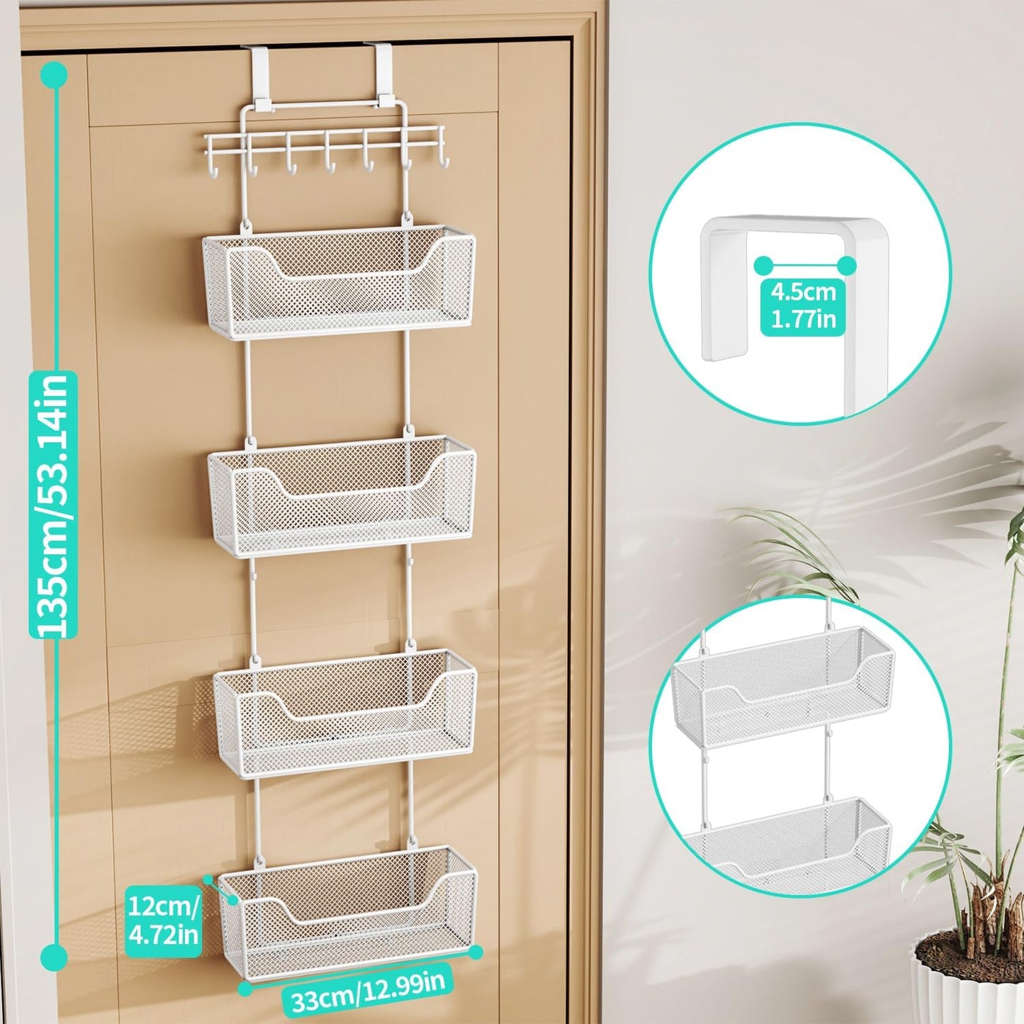 HapiRm Over Door Organizer Storage - Hanging Door Organizer with 4 Metal Large Capacity Baskets and Adjustable Coat Hook for Bathroom Bedroom Kitchen Pantry Closet Cabinet