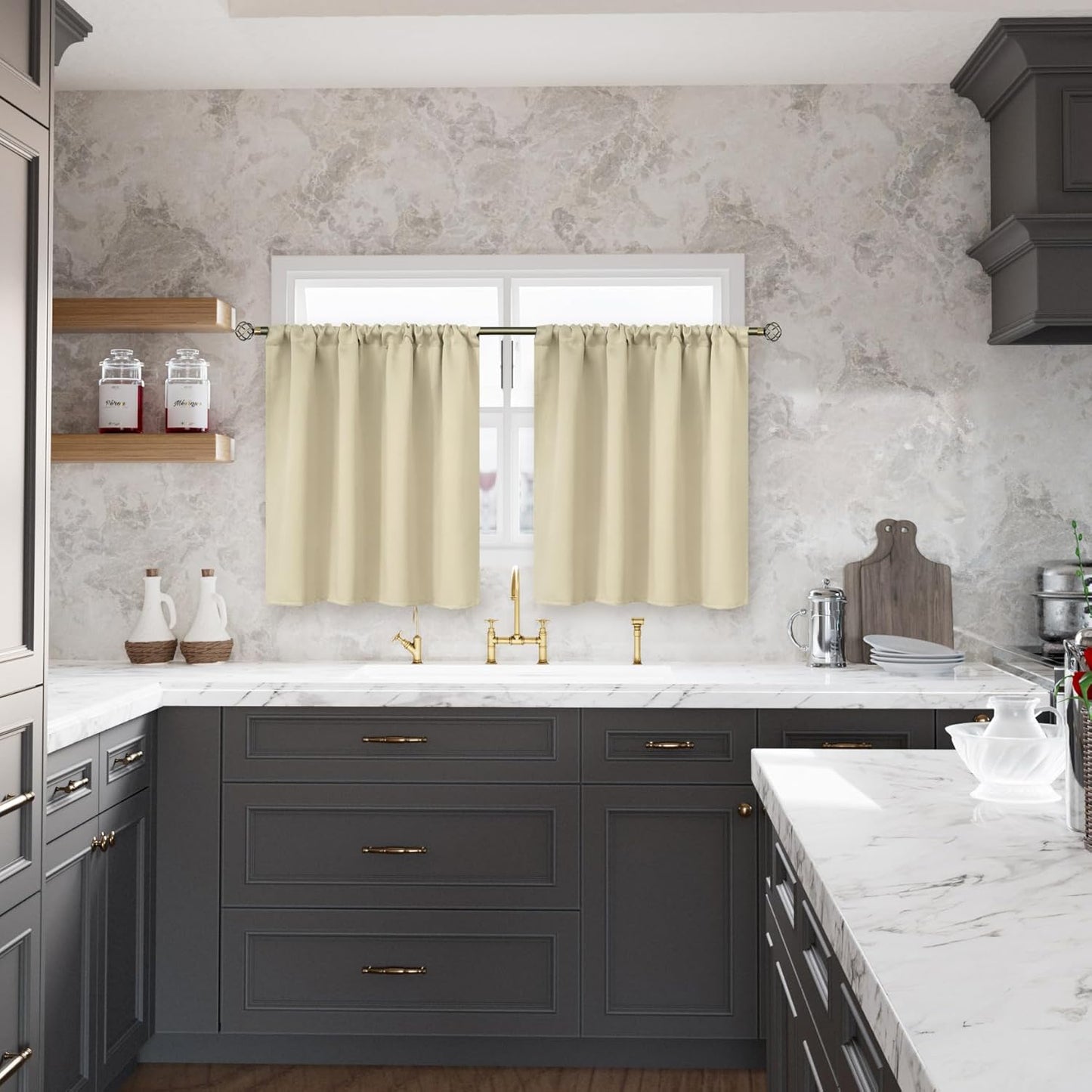 BGment Beige Blackout Curtains 40 Inches Long for Kitchen Window - Short Thermal Insulated Drapes with Rod Pocket Darkening Privacy for Basement Cafe Bedroom, 42 x 40 Inch, 2 Panels