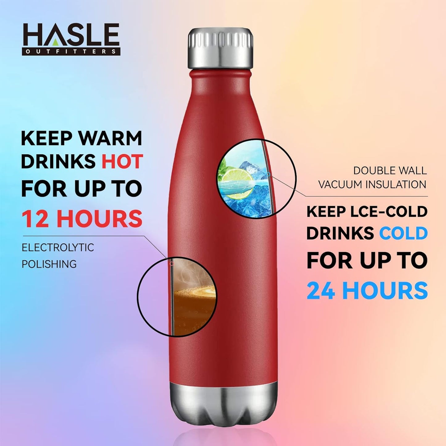 HASLE OUTFITTERS 17oz Stainless Steel Water Bottles Bulk, Vacuum Insulated Double Walled Powder Coated Reusable Metal Sports Water Bottles Keep Drinks Hot and Cold, Red, 4Packs