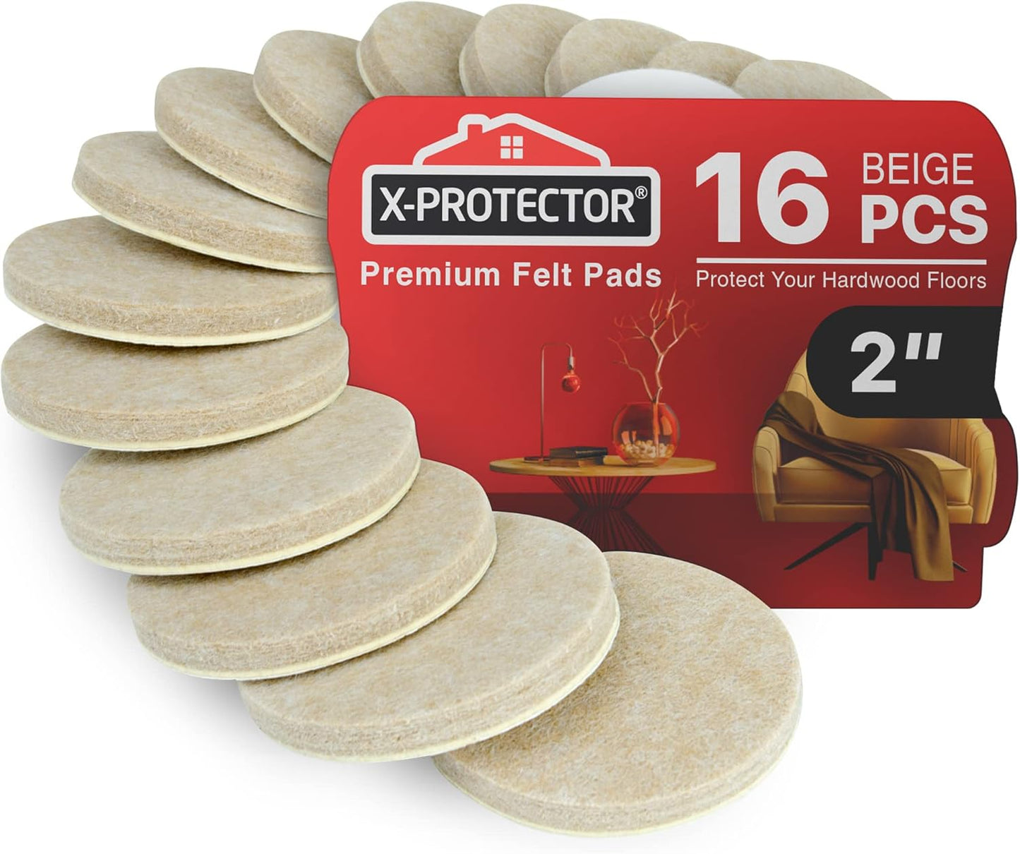 16 Heavy-Duty Felt Furniture Pads 2” 1/4” Thick X-Protector! Round Felt Pads for Furniture Feet - The Best Felt Floor Protectors for Furniture to Prevent Scratches. Protect Your Hard Floor! (Beige)