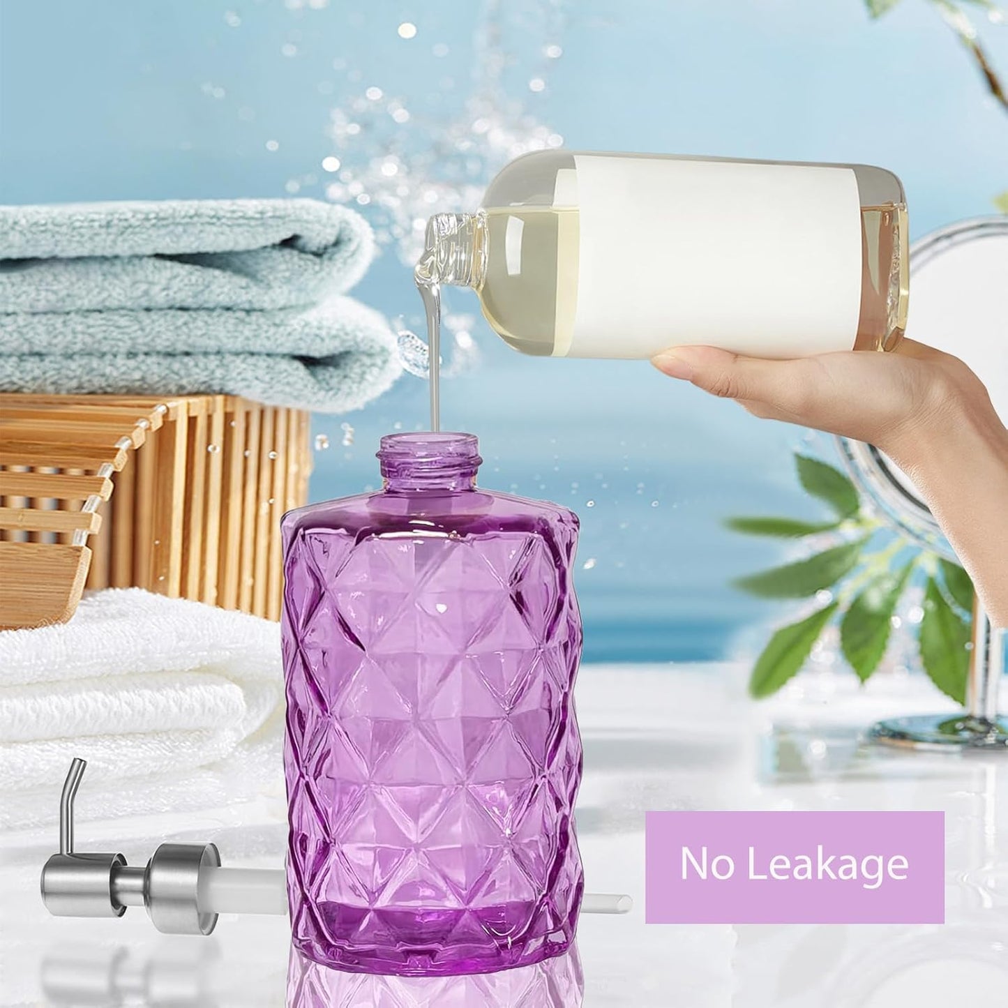 12Oz Purple Glass Soap Dispenser with Stainless Steel Pump, Refillable Kitchen Liquid Hand Soap Dispenser with Diamond Design, for Dispense Hand soap, Dish Soap, Lotion, Bathroom, Countertop, Hotel