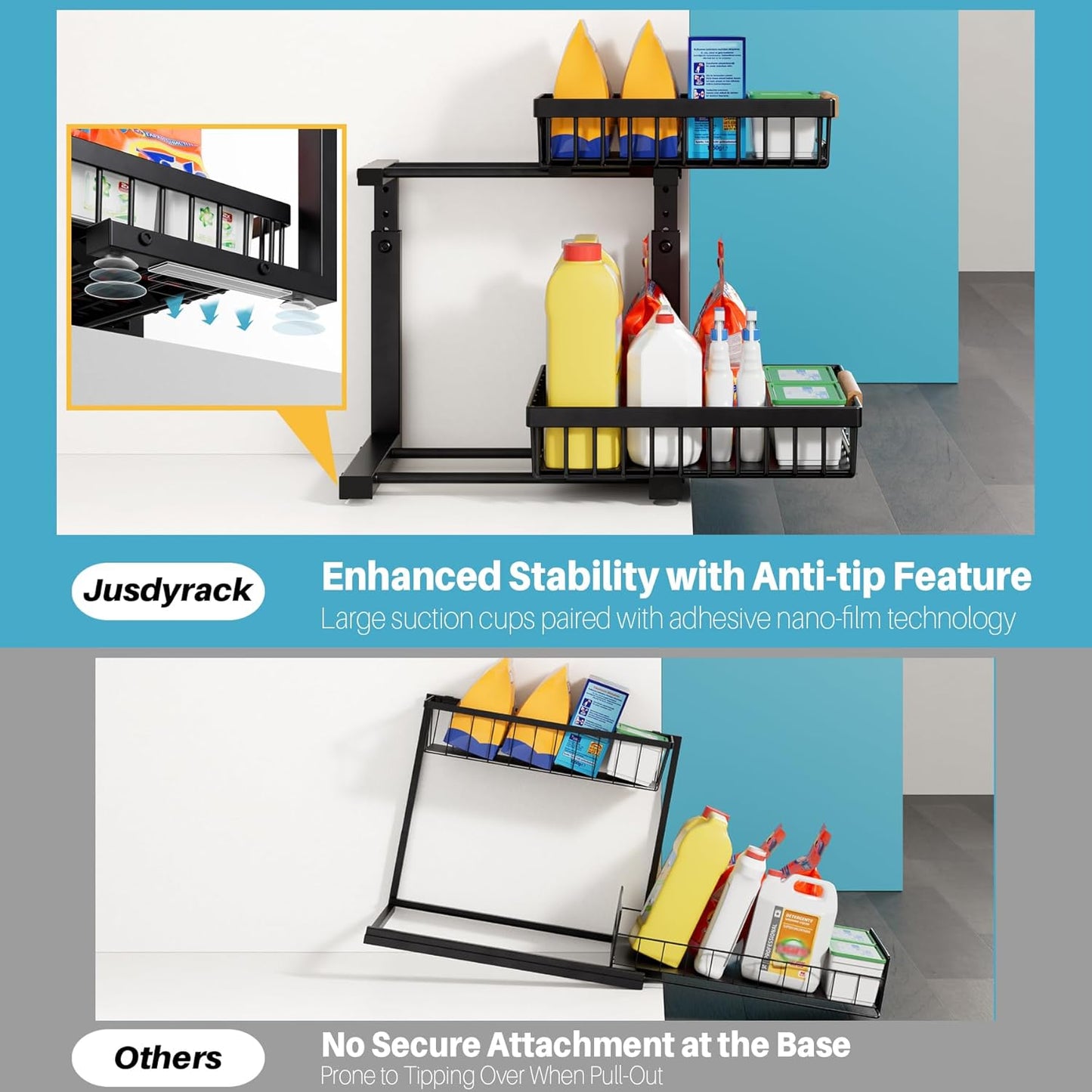 1 Packs 2 Tier Under Sink Organizers, Sliding Pull Out Cabinet Organizer Storage Shelf, Metal Drawer for Kitchen, Bathroom, Pantry Closet Organization Rack,Black