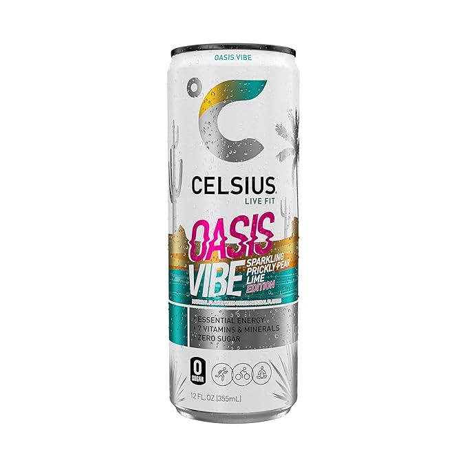 CELSIUS OASIS VIBE Sparkling Prickly Pear Lime, Sugar Free Energy Drink, 12 Fl Oz (Pack of 12)