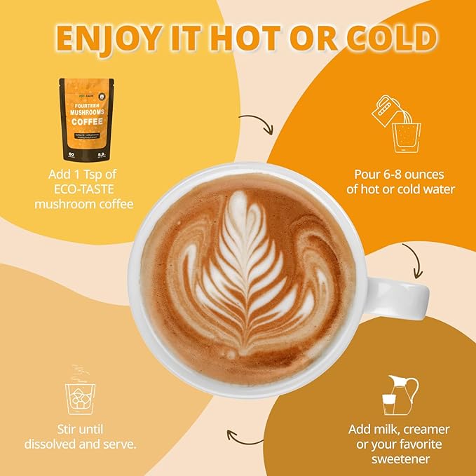 Mushrooms Coffee 14 in 1-60 Servings, Arabica Coffee with Lion's Mane, Reishi, Maitake, Turkey Tail, Chaga Fruiting Body Extract, 30% Beta-Glucan for Focus & Gut Health Support, 5.9oz