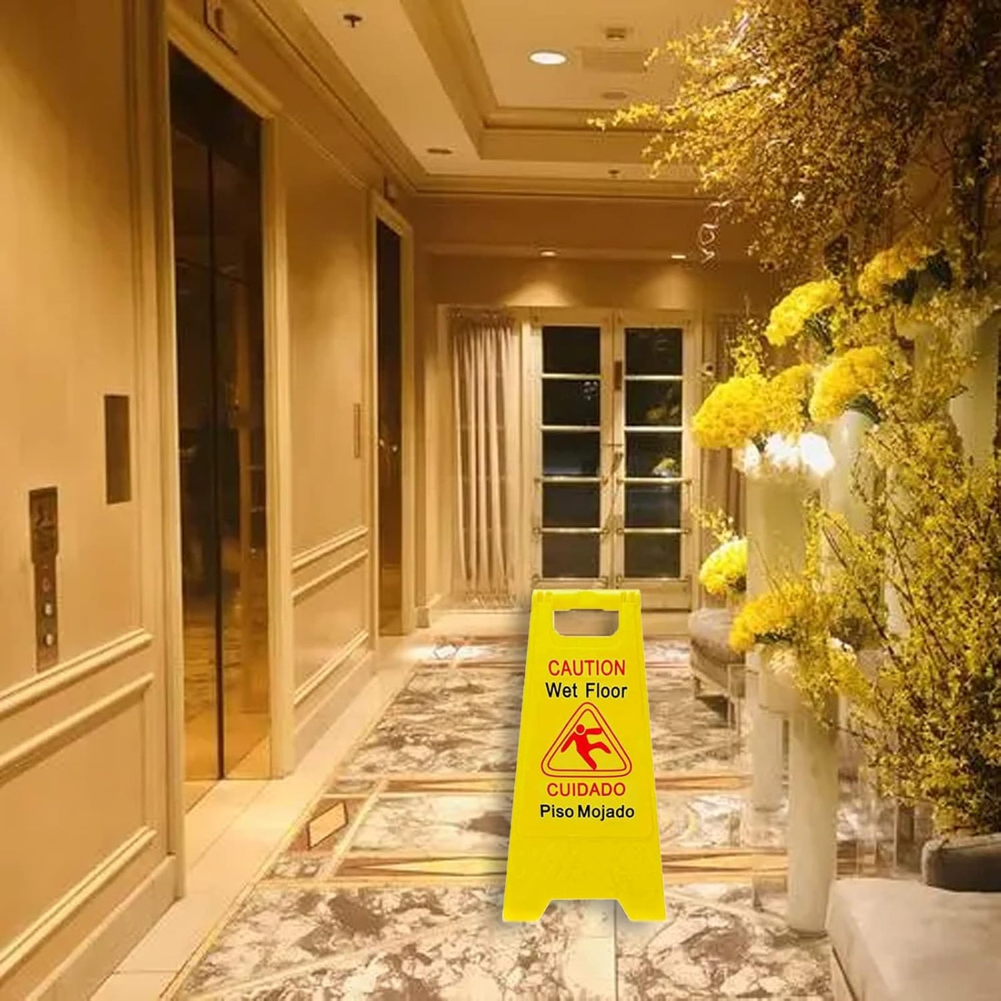 12-Pack Caution Wet Floor Signs | Foldable Sturdy Double-Sided Bilingual Saftey Warning Signs | Cuadado Piso Mojado| Avoid Fall & Slip Accident | Bright Yellow