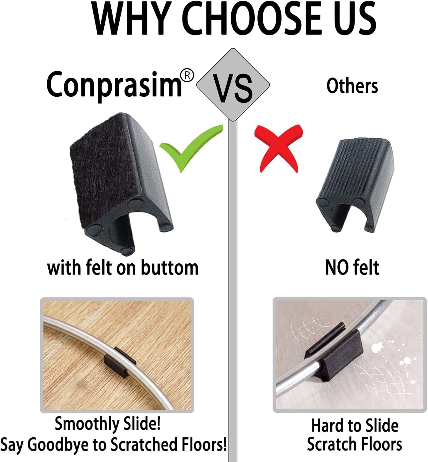 Rectangle U Shaped Chair Leg Tips Caps with Felt Pads,Furniture Feet Protector Slide Smoothly Glides No Scratches No Noise Protect Hardwood Floor,Fit 10mm(25/64inch) Diameter Tubular Leg (Black 24PCS)