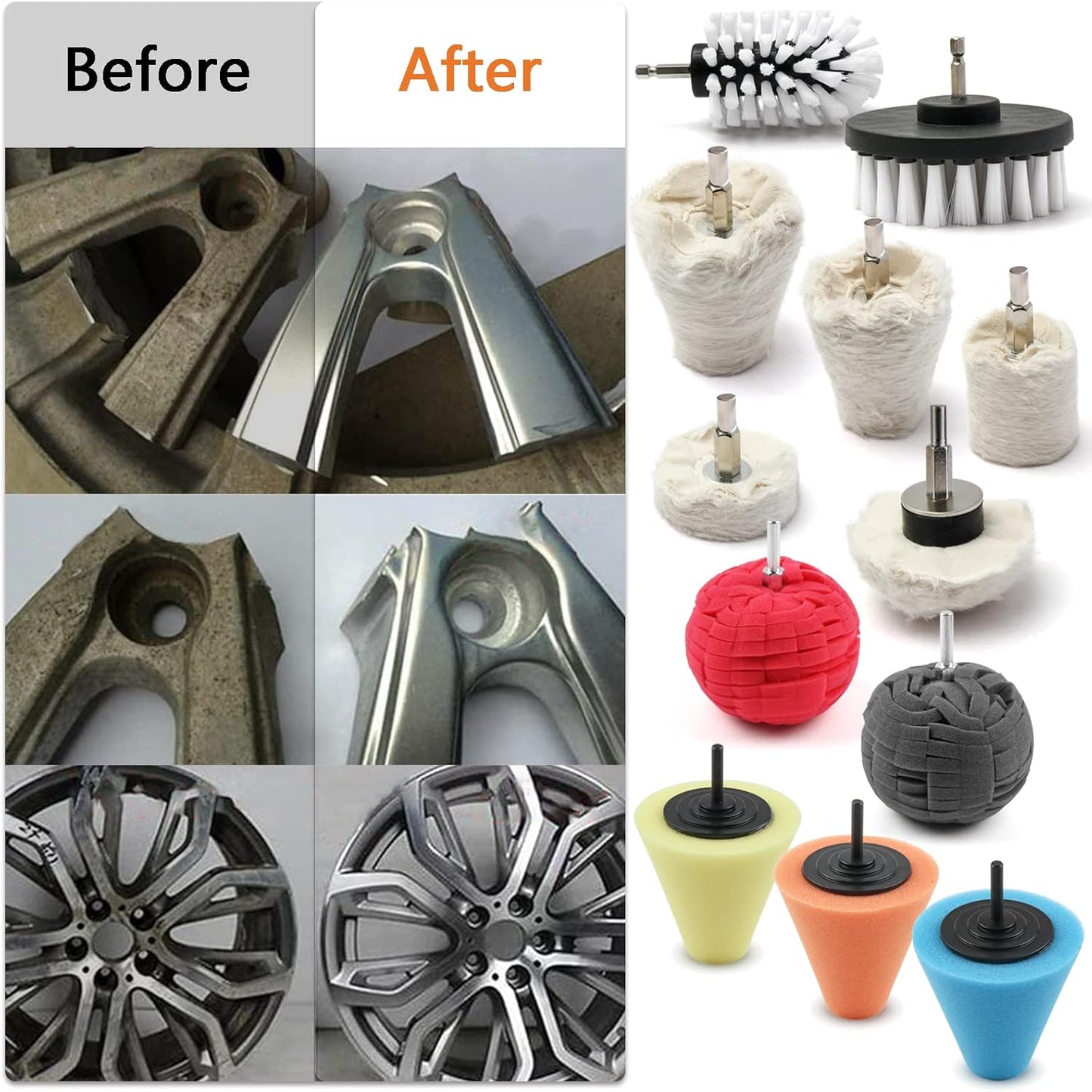 Polishing Pad Buffing Wheel Kit 12 Pack, Polishing Ball for Drill,for Car Care Metal Aluminum Stainless Steel Chrome Wood Plastic Ceramic Glass Woods Fabric Cotton Machine Jewelry