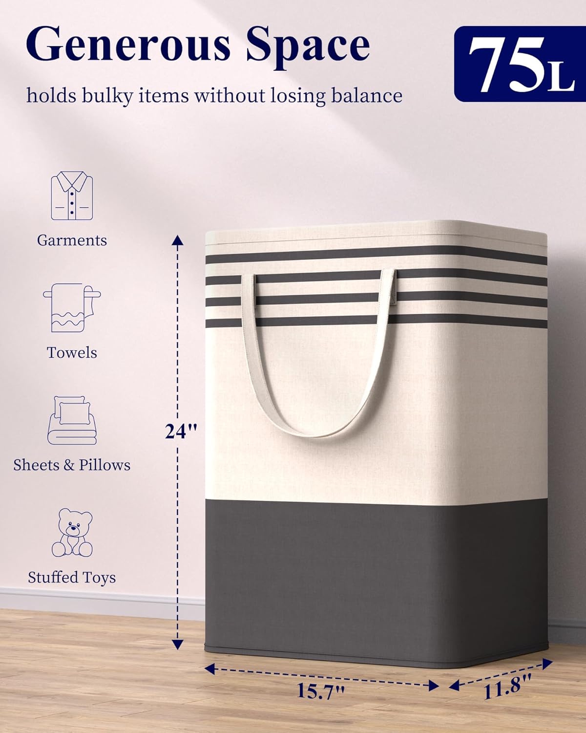 Kitsure Laundry Hamper - 2-Pack Collapsible Laundry Baskets with Well-Stitched Handles, Free-Standing Clothes Hamper with Rigid Top Edge for Household, Dorm Use, 2 x 75L, Black