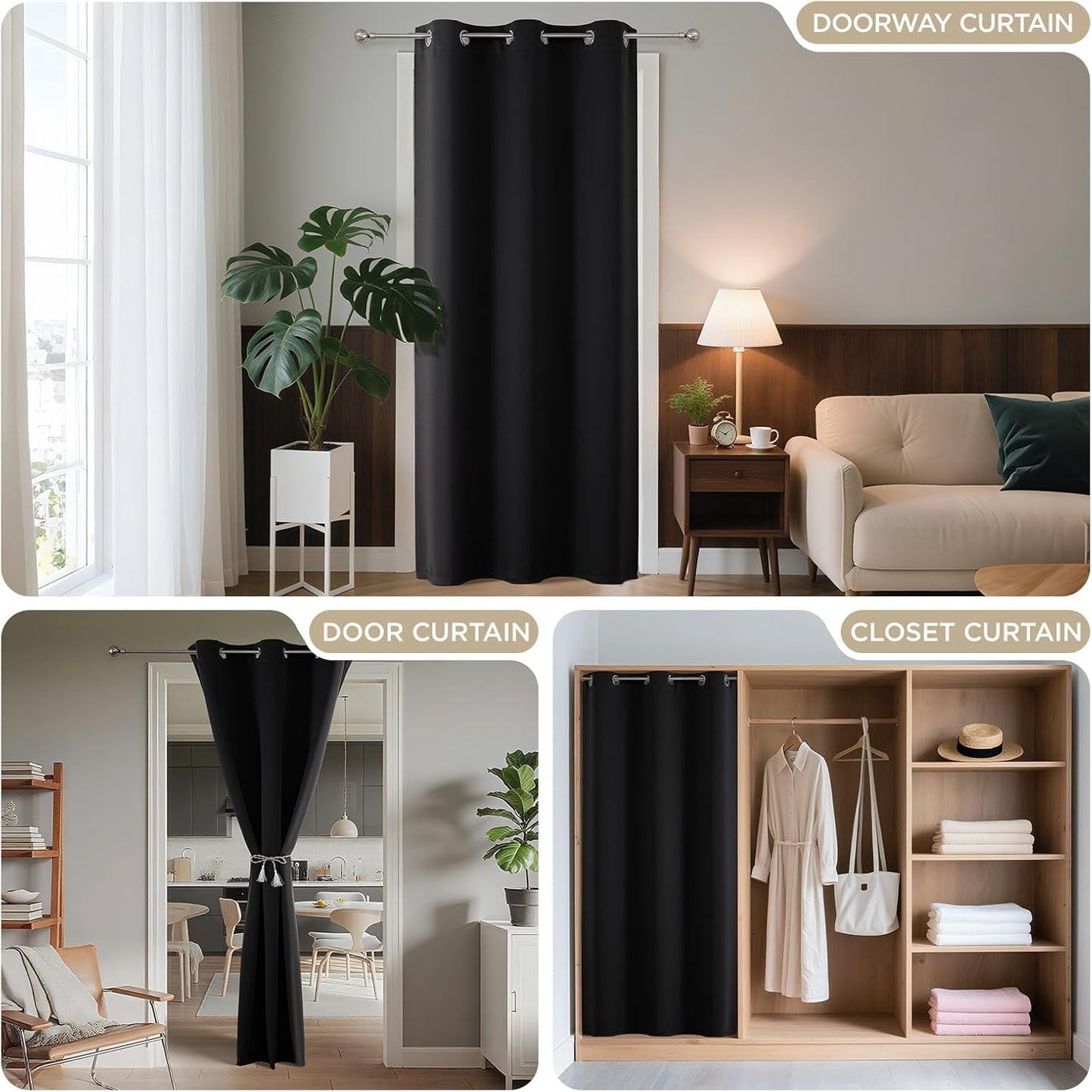 Joydeco Blackout Door Curtain for Doorway Privacy 90 Inches Long, Grommet Closet Curtain for Open Closet, Room Divider for Bedroom Living Room (Black, 52Wx90L, 1 Panel)