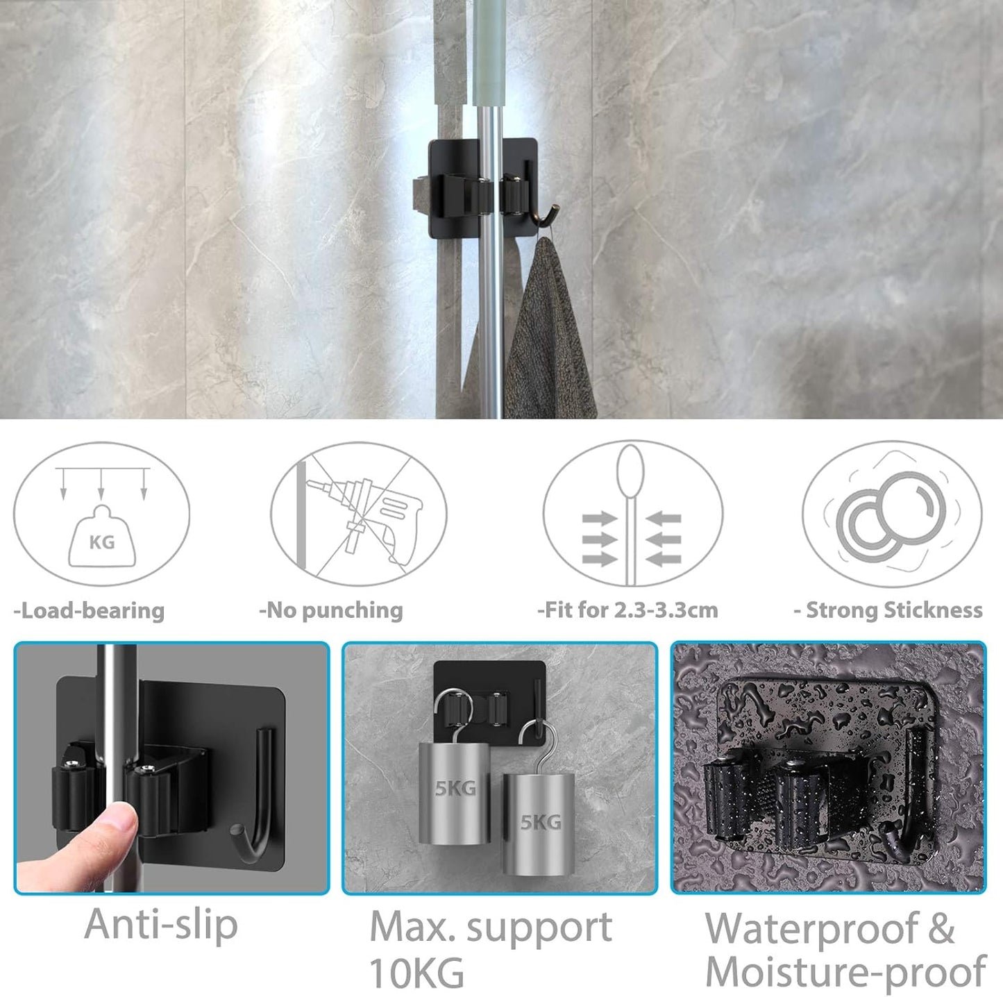 Mop Broom Holder No Drill, Mop Broom Organizer Wall Mounted Heavy Duty with Hooks Hanger, Self Adhesive Stainless Steel 6Pcs for Bathroom, Kitchen, Office (Black)