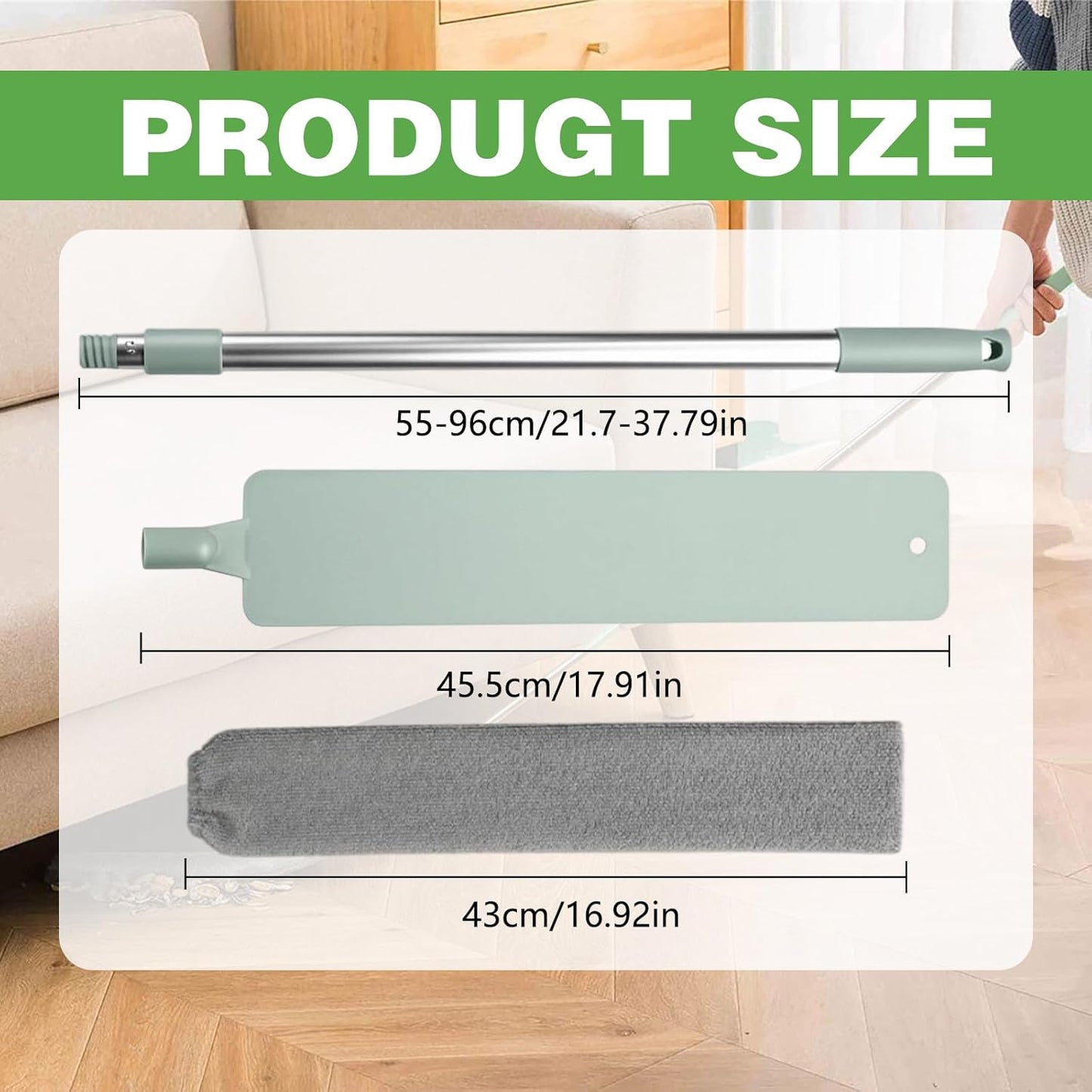 Retractable Gap Dust Cleaner Cleaning Tools with 2 Microfiber Dusting Cloths, Flat Duster with Extension Pole, Flexible Microfiber Duster for Cleaning Under Refrigerator,Sofa,Couch Bed,Furniture