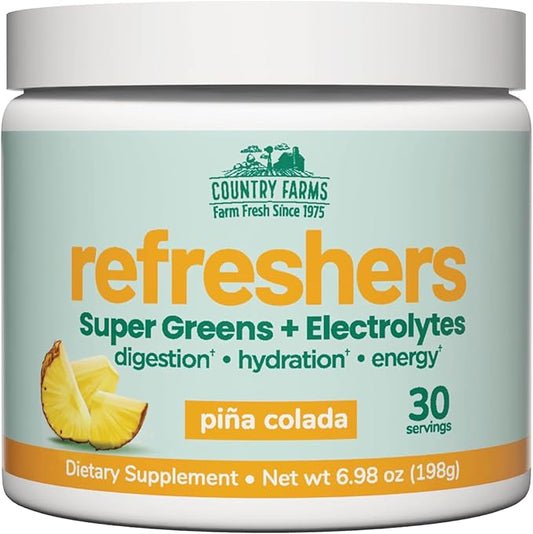 COUNTRY FARMS Refreshers, Super Greens and Electrolytes, Essential Minerals and Superfoods, Hydration Support, Promotes Natural Energy, with Fiber, Piña Colada, 30 Servings
