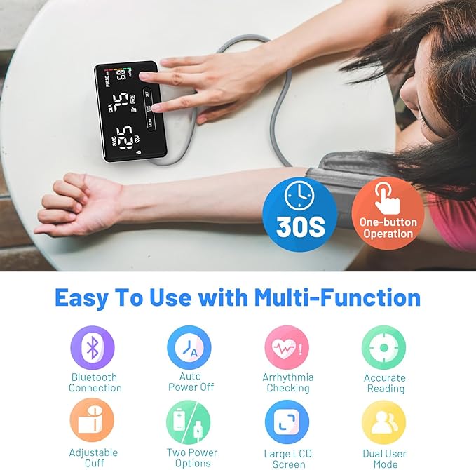 Smart Blood Pressure Monitor for Home Use, Bluetooth Upper Arm BP Machine with Large Cuff 8.66-16.54”, Accurate Digital Monitors 2x199 Readout, 6.89 inch Backlit LED Screen, Work with APP