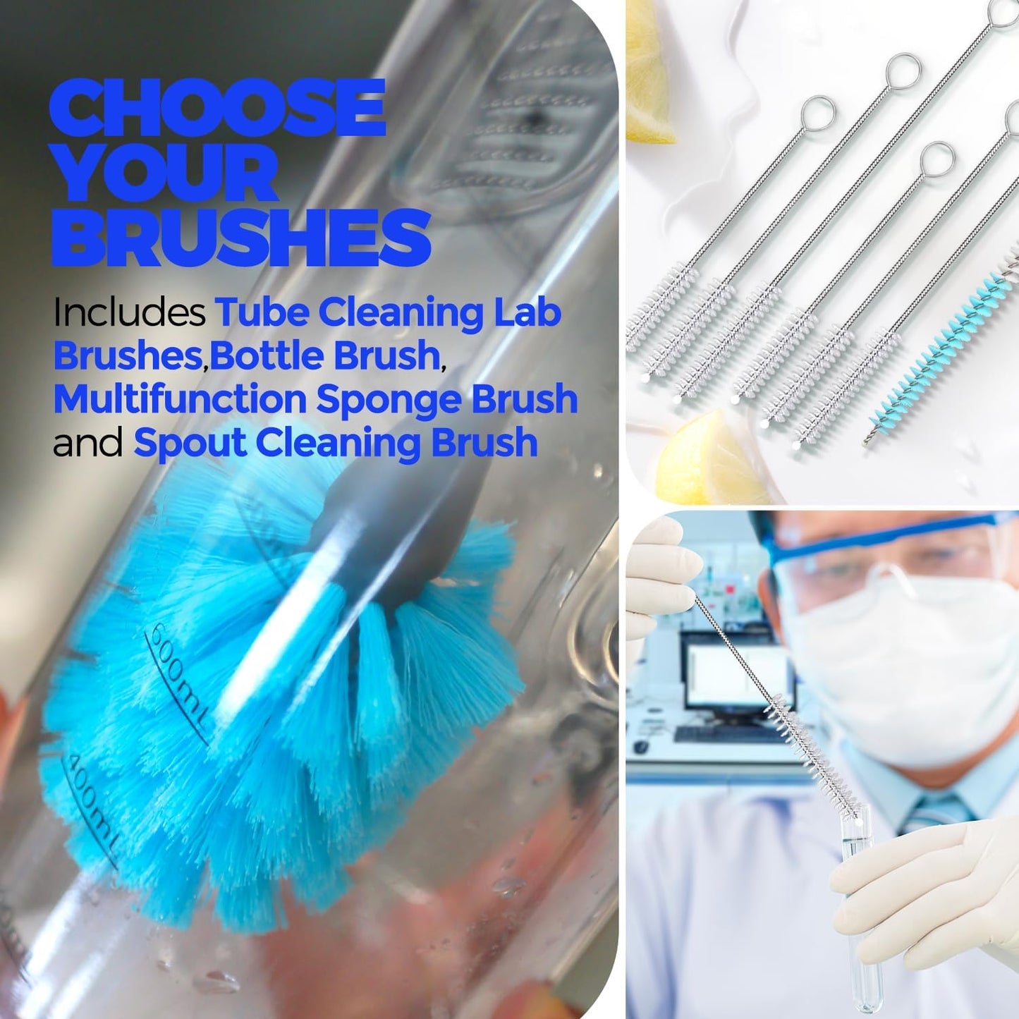 Holikme Bottle Brush Tube Cleaning Lab Set with Long Handle, Cup Cleaner for Washing Narrow Neck Beer Wine Decanter Pipes Lids Sinks Cap Covers, Pink