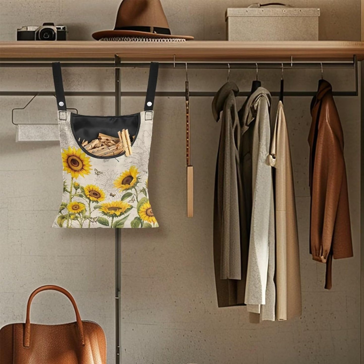 2 Pcs Sunflowers Print Clothespin Bag, Laundry Hanging Bag Fits Clothes Lines, Pin Bag with Hanging Rope for Home Outdoor for Hanging Clothes Outside Balcony Bathroom Corridor Yard