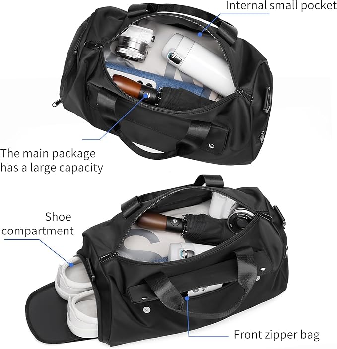 Small Gym Bag, Black Waterproof Duffle Bag for Men Women, Cordura Workout Bag with Trolley Sleeve, Duffle Bag for Travel, Sports, Fitness, Training, Yoga, Hospital
