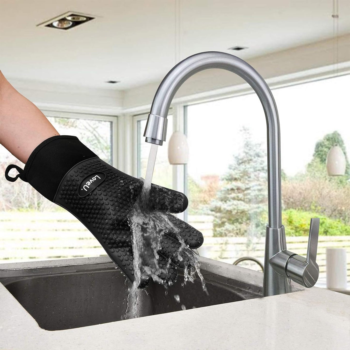 Kitchen Oven Gloves - Dual-Layer Heat Resistant Grilling Gloves, Silicone Oven Mitts with 5 Fingers, Waterproof Non-Slip Pot Holder for Barbecue, Cooking, Baking (Small, Black Long)