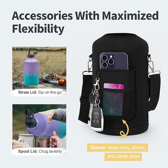 One Gallon Water Bottle Insulated, Triple Wall Vacuum Cold for 48 Hrs & Leak-proof & Non-BPA, 128oz Large Sports Stainless Steel Water Jug with Paracord Handle Straw Spout Lids & DIY Stickers
