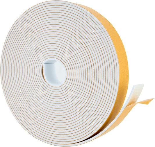 High Density Foam Weather Stripping Door Seal Strip Insulation Tape Roll for Insulating Door Frame, Window, Air Conditioner | Self Adhesive Sealing Weatherstrip (White, 1 in x 1/8 in x 30 Ft)
