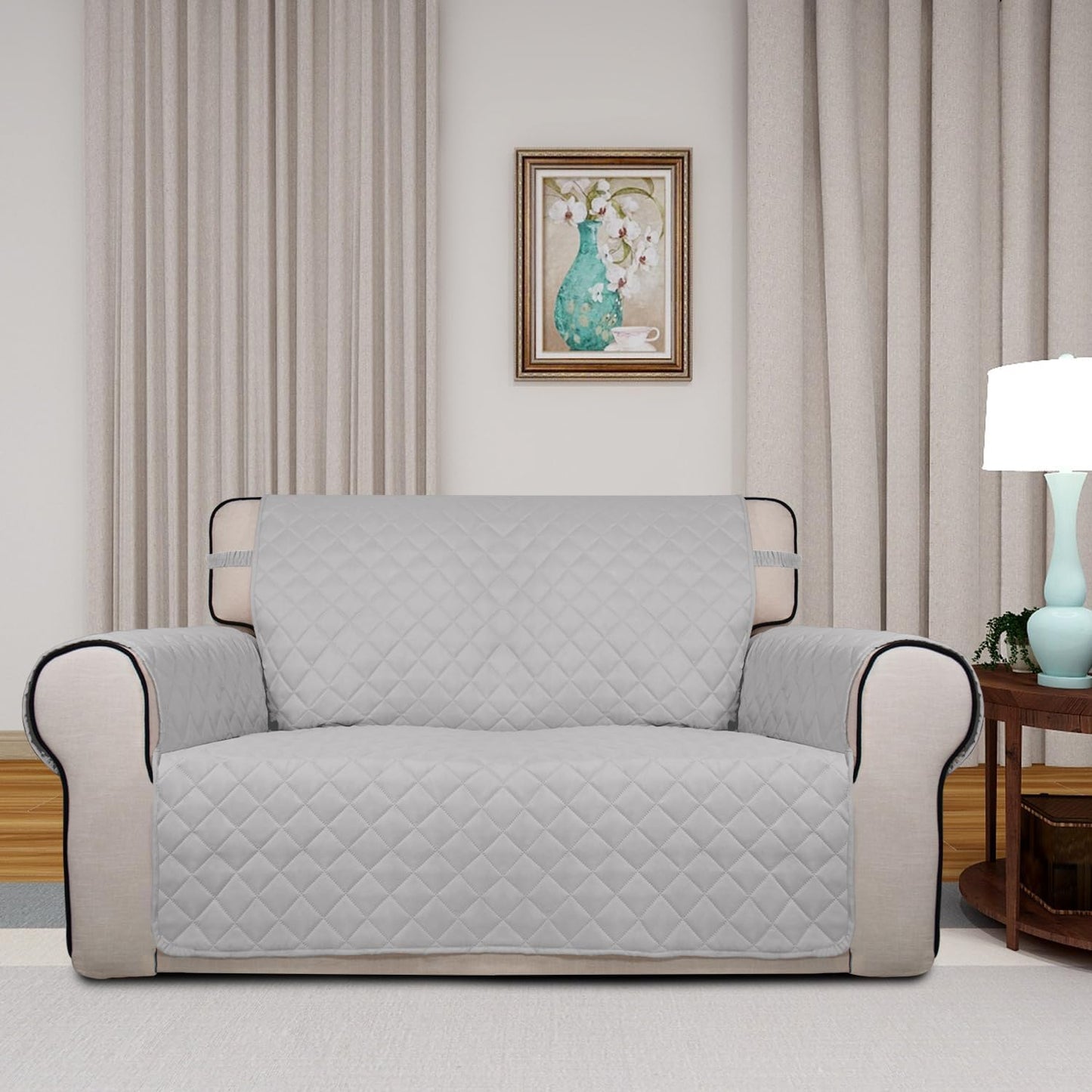 PureFit Reversible Quilted Sofa Cover, Water Resistant Slipcover Furniture Protector, Washable Couch Cover with Non Slip and Elastic Straps for Kids, Dogs, Pets (Loveseat, Light Gray/Light Gray)