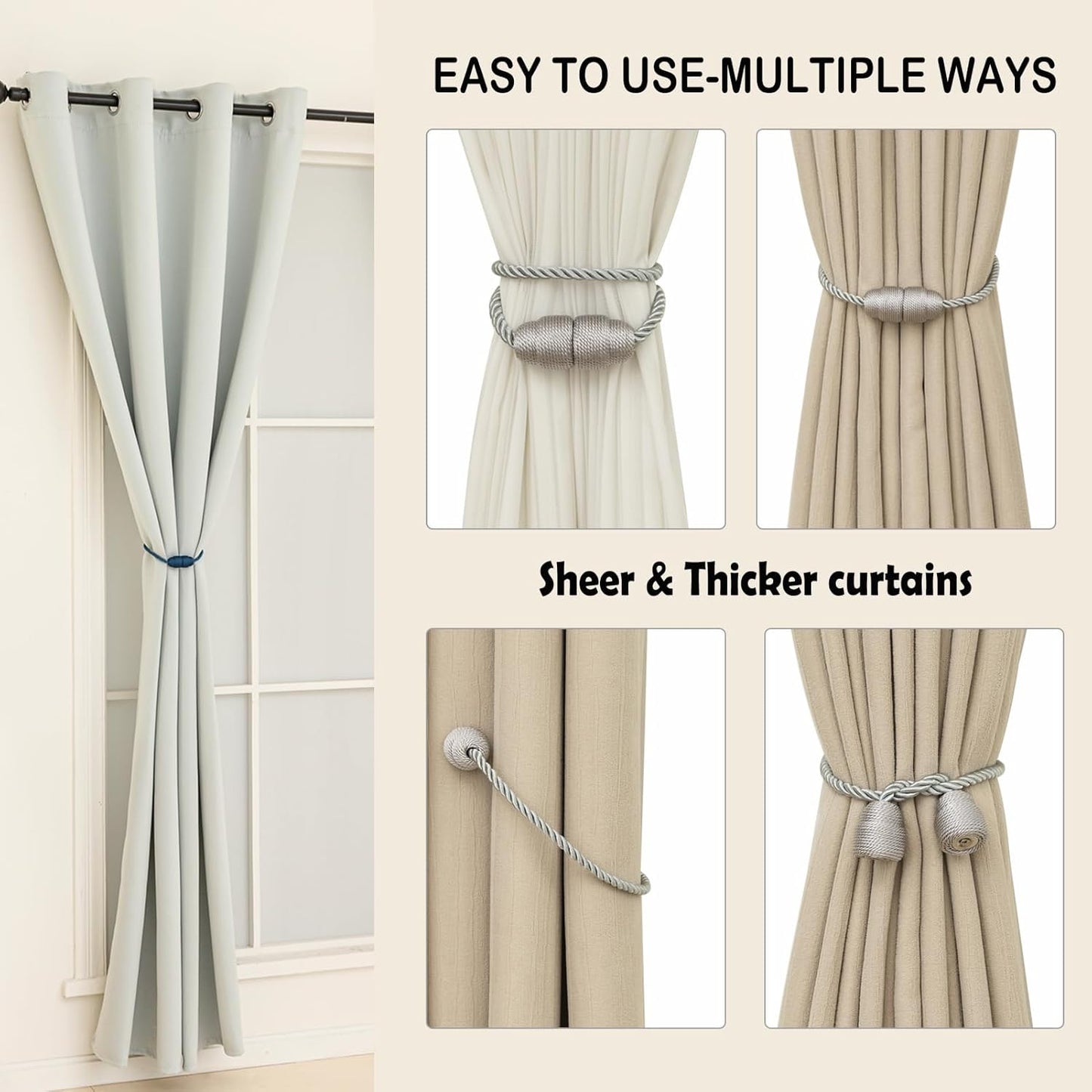 Magnetic Curtain Tiebacks - Rope Tiebacks for Curtains & Drapes, Decorative Window Holdbacks (8 Pack, Grey)